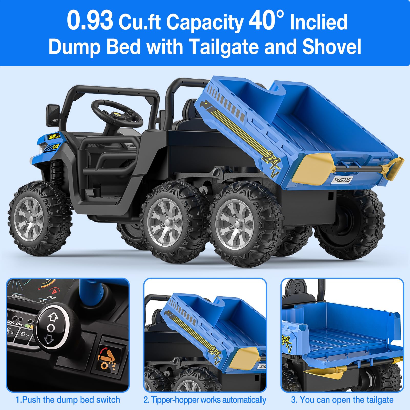 Hetoy 24V 2 Seater Electric Ride On Dump Truck with Remote Control - 4WD Power UTV Car with Dump Bed & 6 Wheels - Kids Ride On Toys for Boys & Girls - Perfect for Outdoor Play, Construction Pretend Play & Backyard Adventures