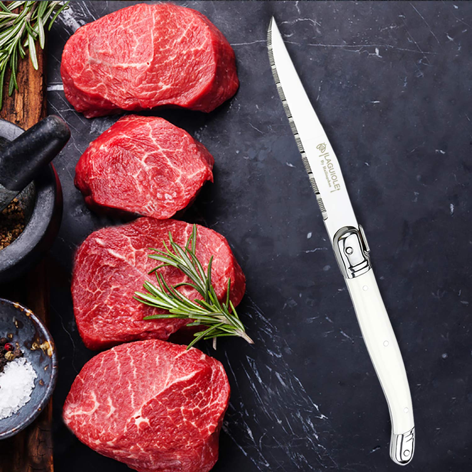 Premium 8-Piece Steak Knife Set - Hailingshan Serrated Stainless Steel Blades, Dishwasher Safe & Razor Sharp - Elegant Laguiole Design with White Plastic Handle - Perfect for Dinner Parties, BBQ, and Steakhouse-Style Dining at Home