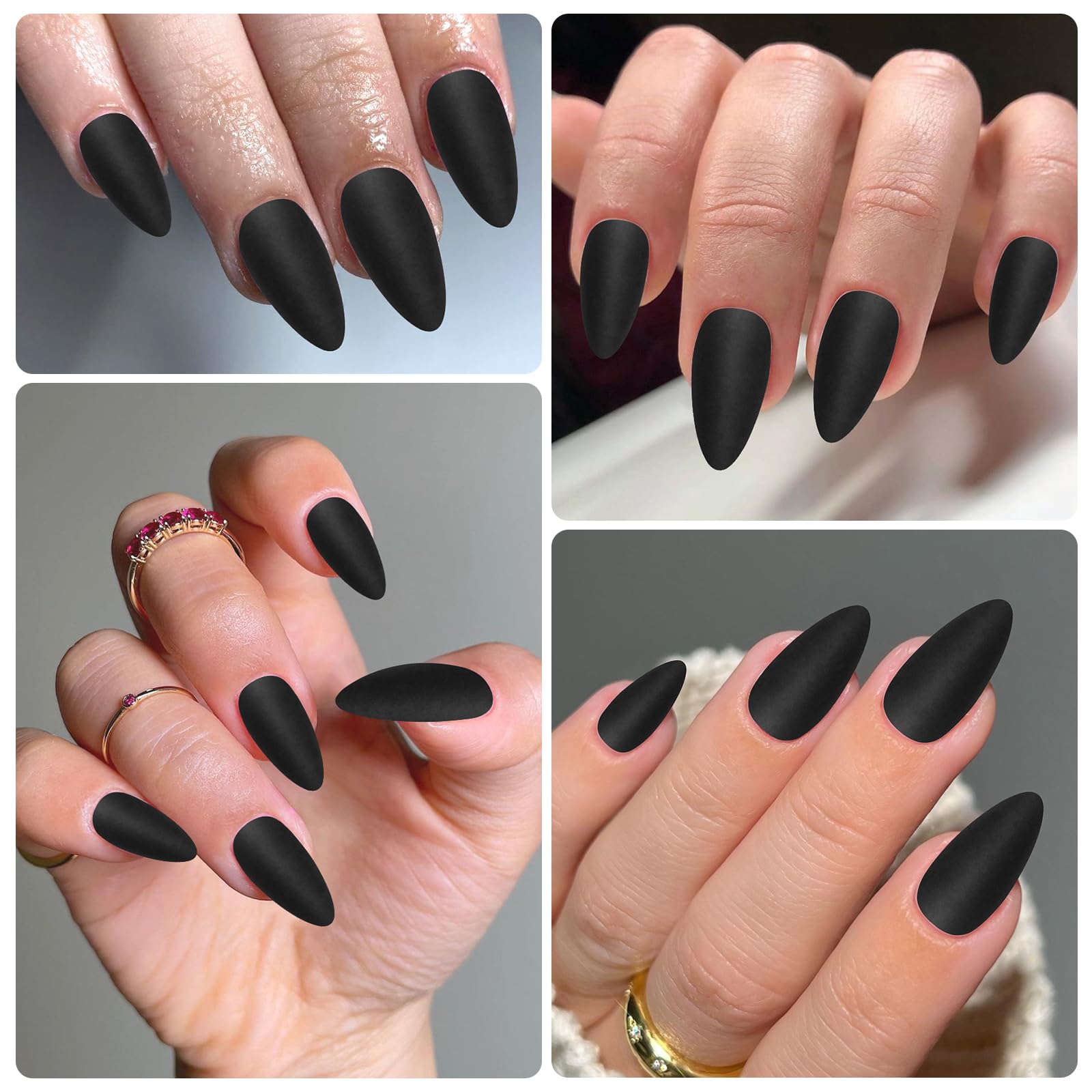 240PC Matte Black Almond Press On Nails - Medium Length Fake Nails with Nail Glue & Adhesive Tabs | Short Stiletto False Nail Tips for Women | Perfect for Parties, Weddings & Everyday Wear