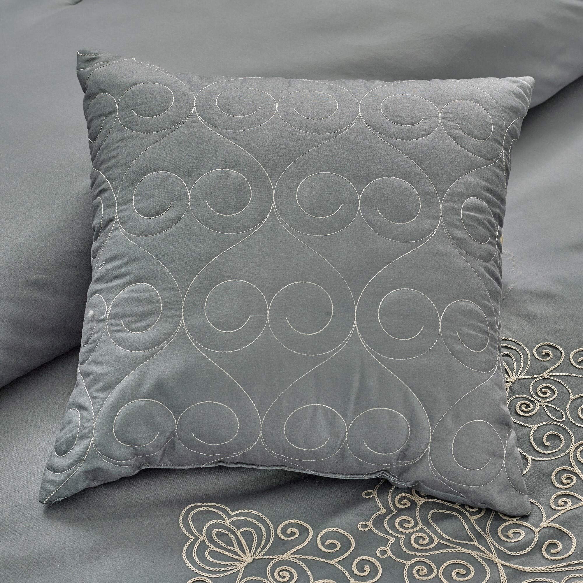 8-Piece Grey Floral Embroidered Comforter Queen Set - Intricate Scroll Medallion Pattern Microfiber Bedding for Master Bedroom & Guest Room Decor