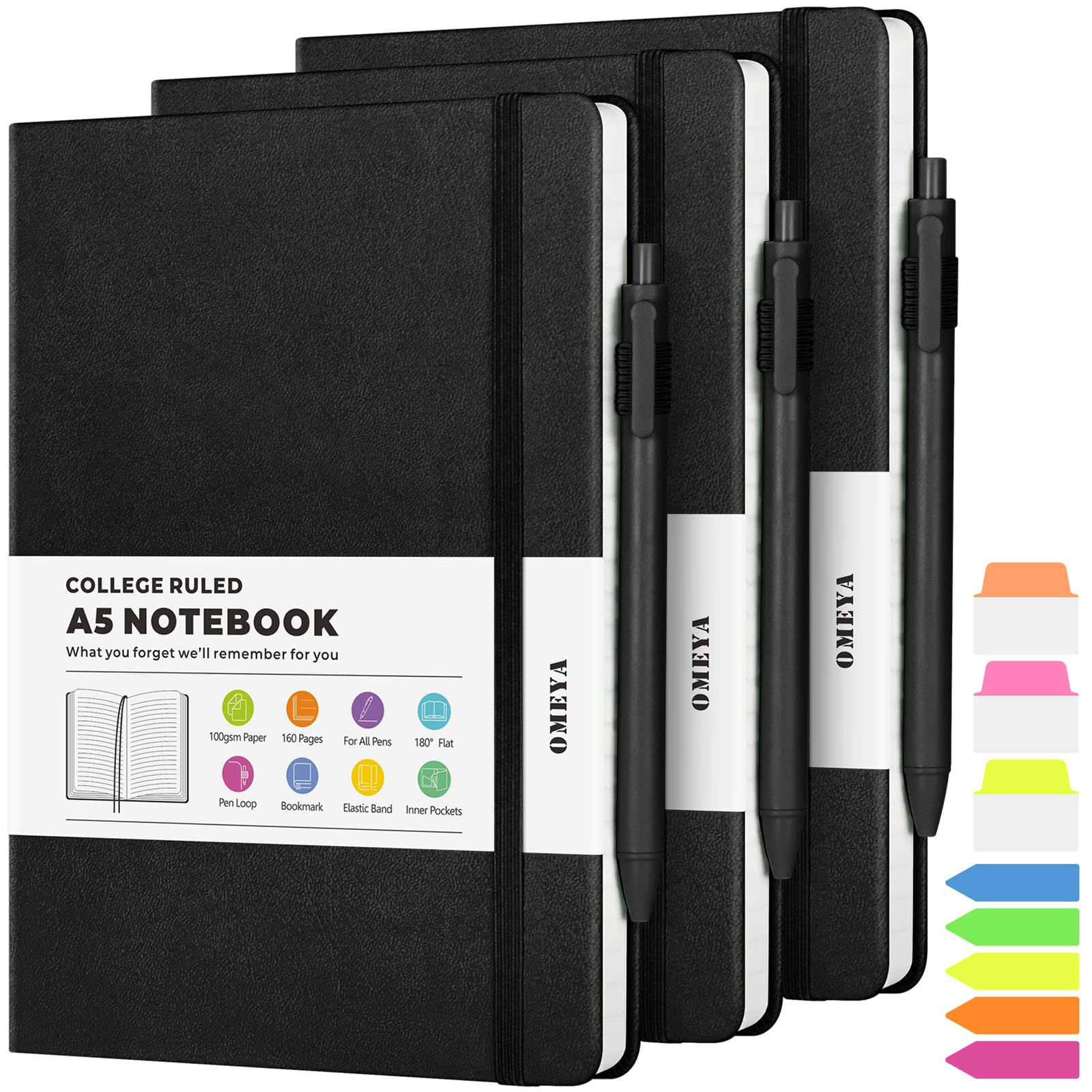 OMEYA 3-Pack A5 Lined Journal Notebooks - College Ruled Hardcover Notebook with 2 Pockets & Pen - 160 Pages Thick 100GSM Paper - Leather Writing Journal for Women & Men - Perfect for Work, School, Office & Travel (Black)