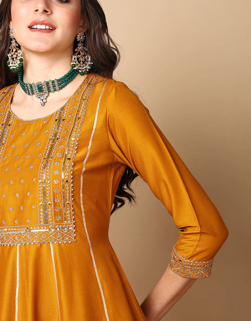 Anarkali Suit with Plazo Pant - Rich Gold Blended Silk Pant Suit for Women | Elegant Indian Ethnic Wear for Weddings, Parties & Festive Occasions