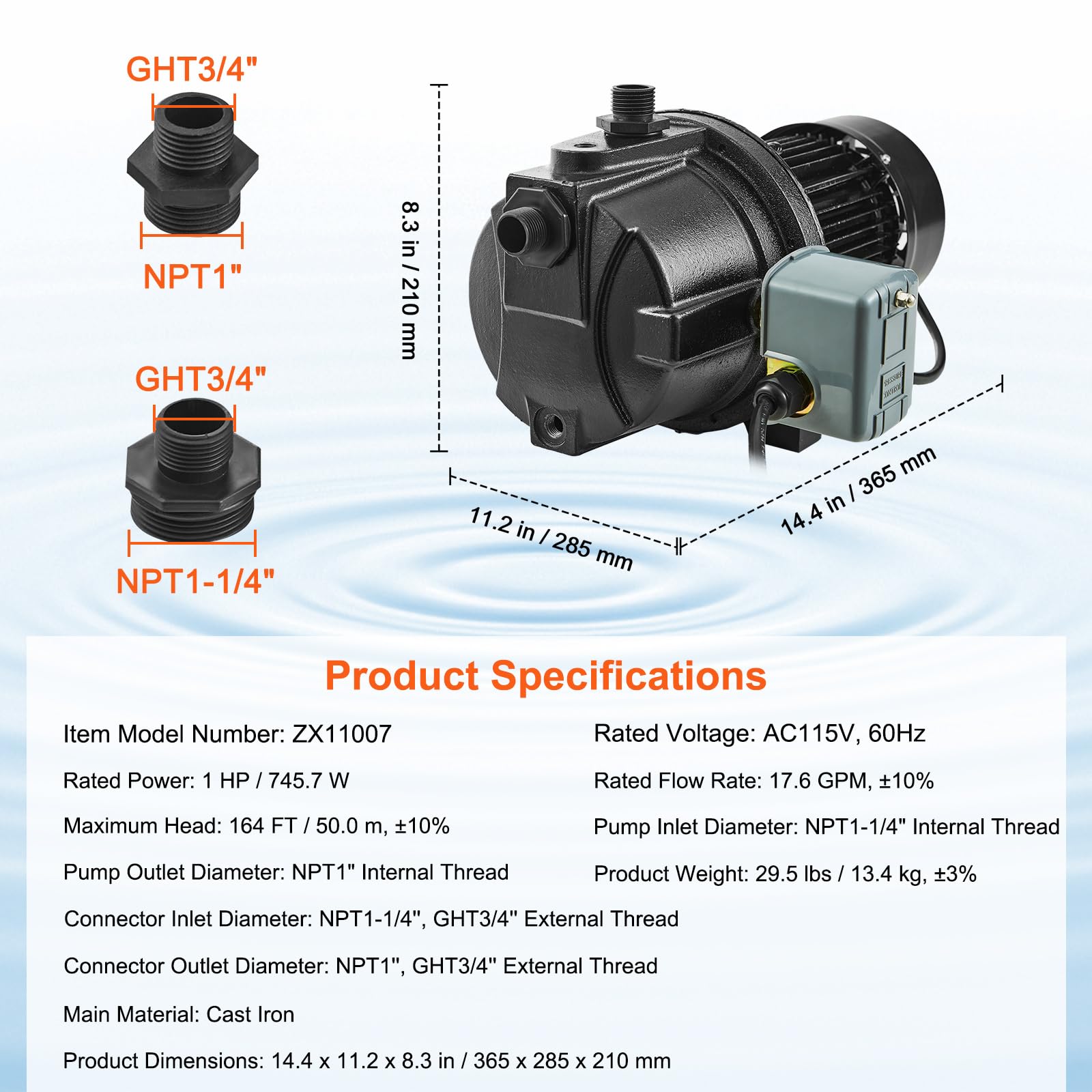 VEVOR 1HP Cast Iron Shallow Well Jet Pump 115V 17.6GPM 164FT Max Head - High Performance Water Pump for Agricultural Irrigation, Garden Watering, High-Rise Building Supply & Shower Pressure Boosting | Durable & Efficient for Home & Farm Use
