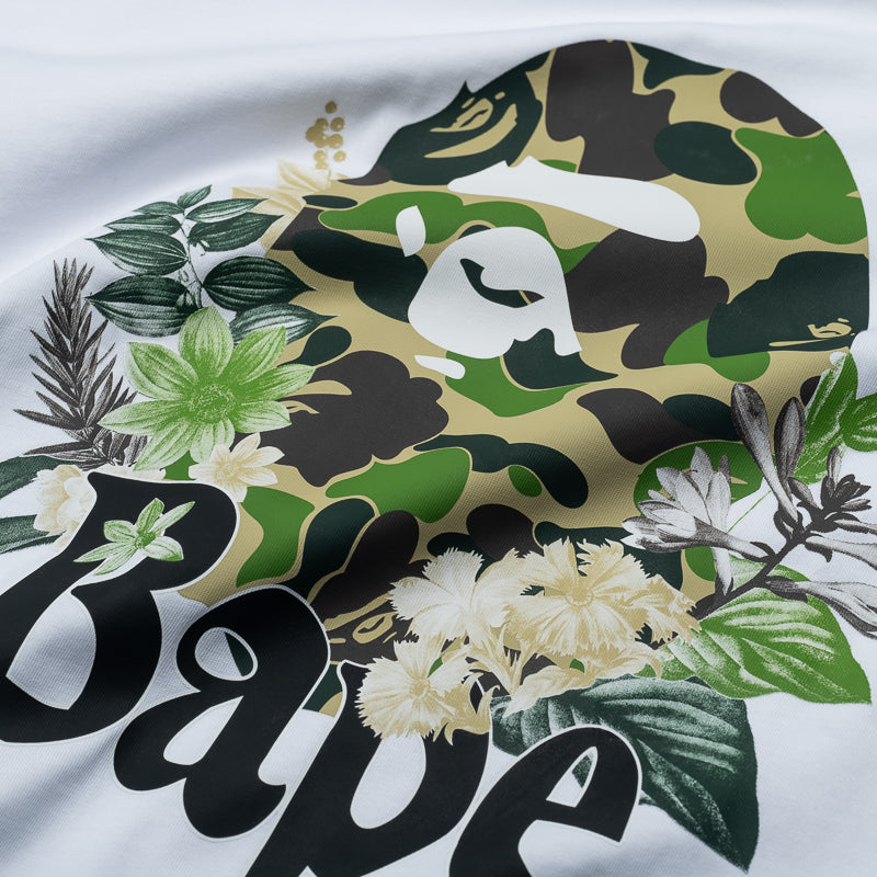 BAPE Flora Ape Head Graphic T-Shirt for Men - White Cotton Streetwear Tee | Casual Wear & Hip Hop Fashion