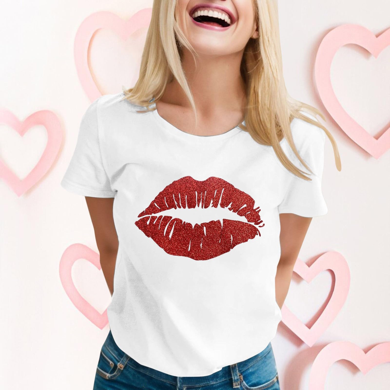Valentine's Day Red Lip Print Oversized Women's Graphic Tee - Funny Crew Neck Short Sleeve Pullover Top (White, Small) | Cute Gift for Her, Date Night & Casual Outfits