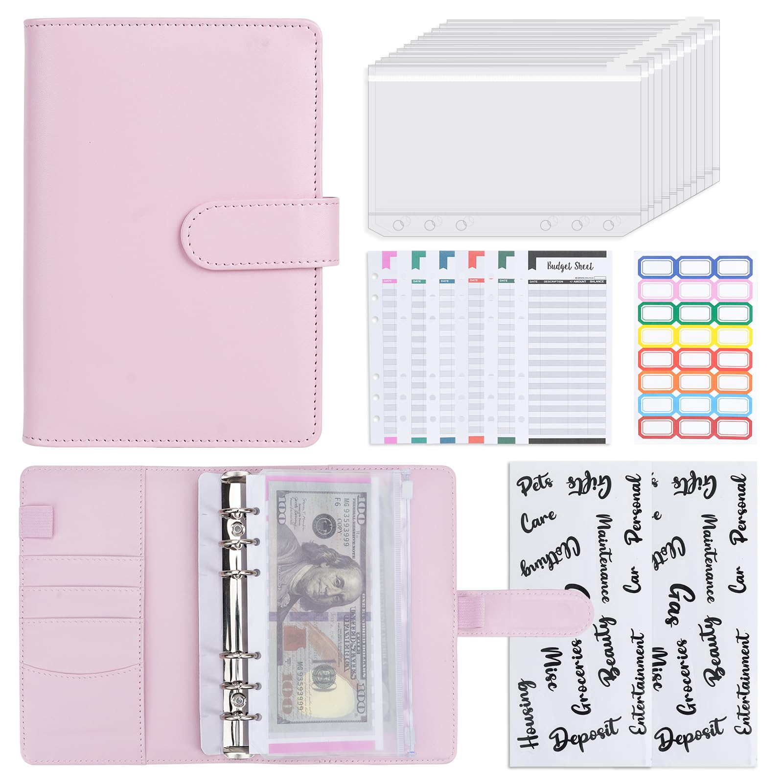 Premium A6 Leather Budget Binder with Zipper Cash Envelopes - Money Saving Organizer for Cash Budgeting System (Pink) - Perfect for Personal Finance, Travel Expense Tracking & Wedding Budget Planning