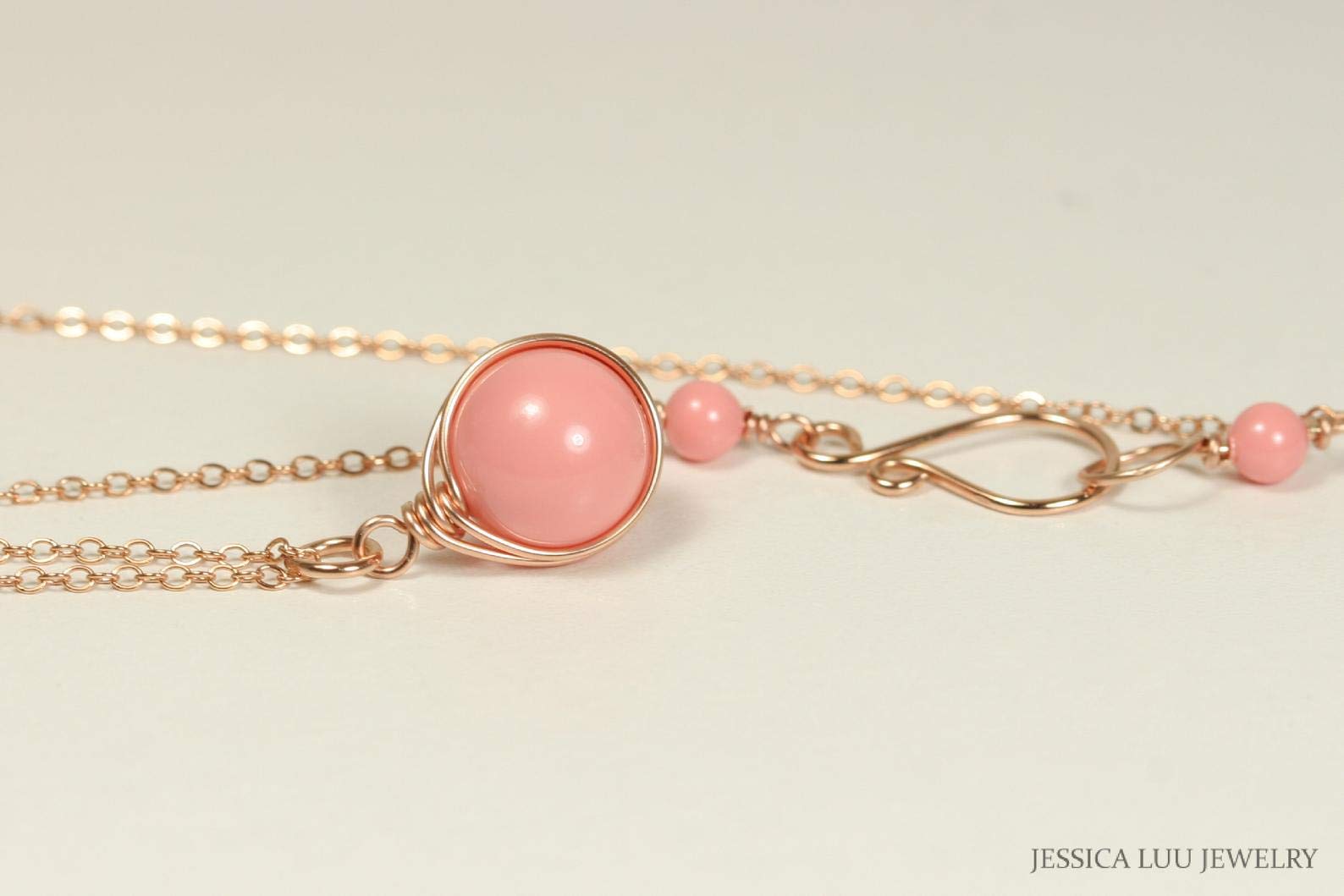 Rose Gold Pink Coral Pearl Necklace - Handmade Wire Wrapped Jewelry for Women, Gift for Her, Birthday, Anniversary, Wedding, Valentine's Day