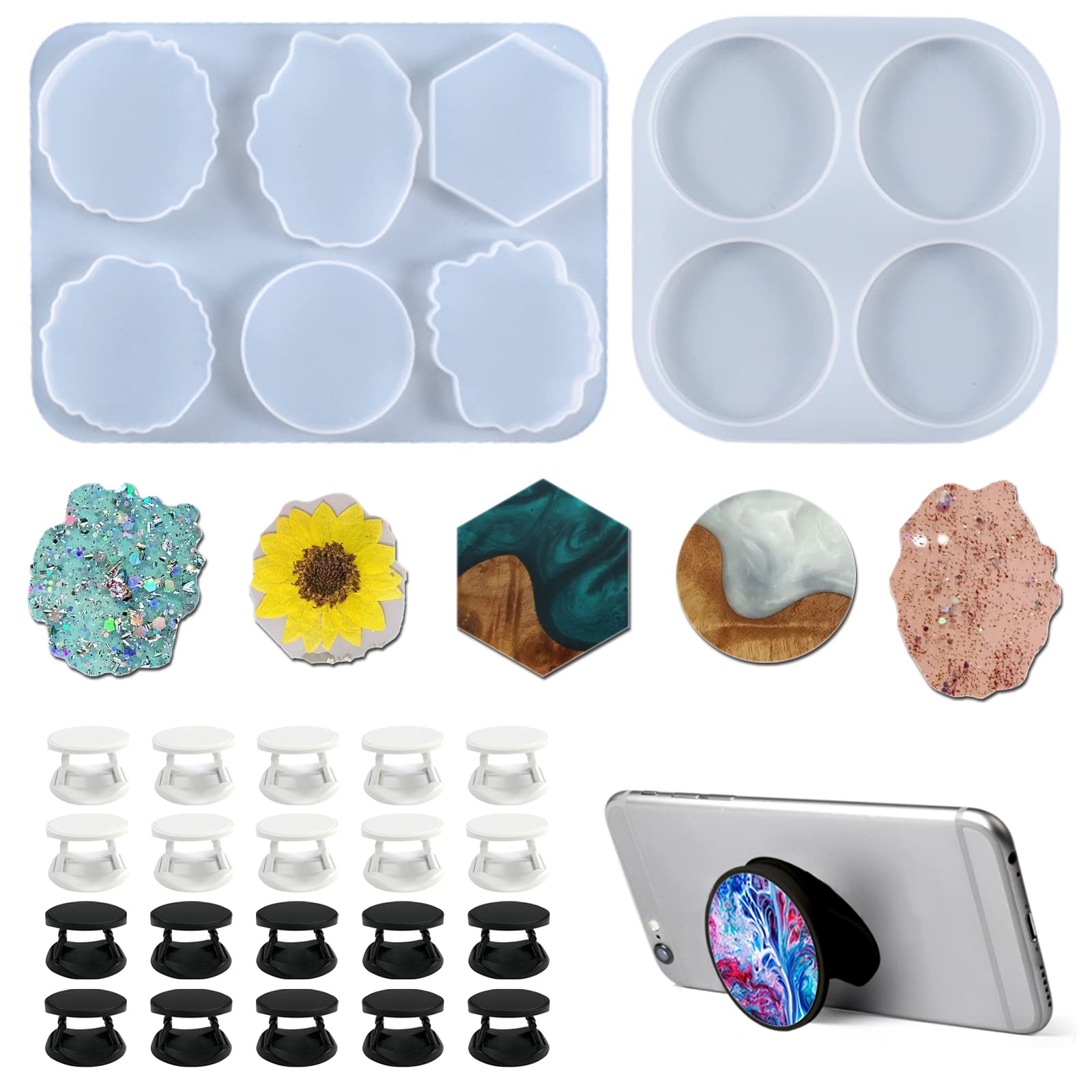 2 Pcs Phone Grip Resin Mold with 20 Pcs Blank Phone Socket Holders - DIY Epoxy Casting Kit for Phone Stand, Finger Grip & Holder - Perfect for Crafting Custom Phone Accessories at Home or Gifts