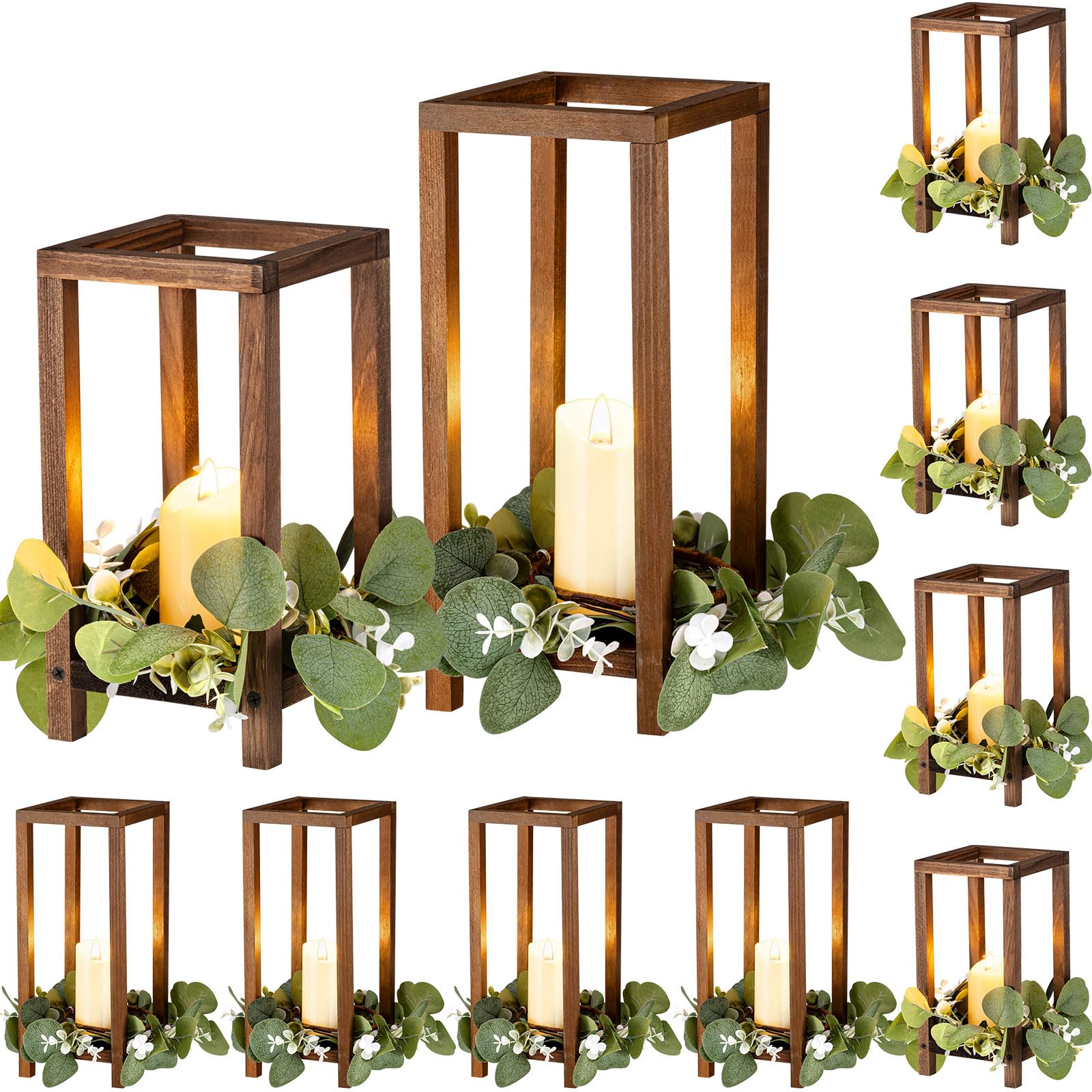 Geelin 10-Piece Wooden Candle Lantern Set - Rustic Farmhouse Wedding & Baby Shower Decor - Table Centerpiece, Fireplace & Outdoor Candle Holder (Brown, 10.59 x 13 Inches) - Perfect for Weddings, Baby Showers, Holiday Decor & Cozy Home Ambiance
