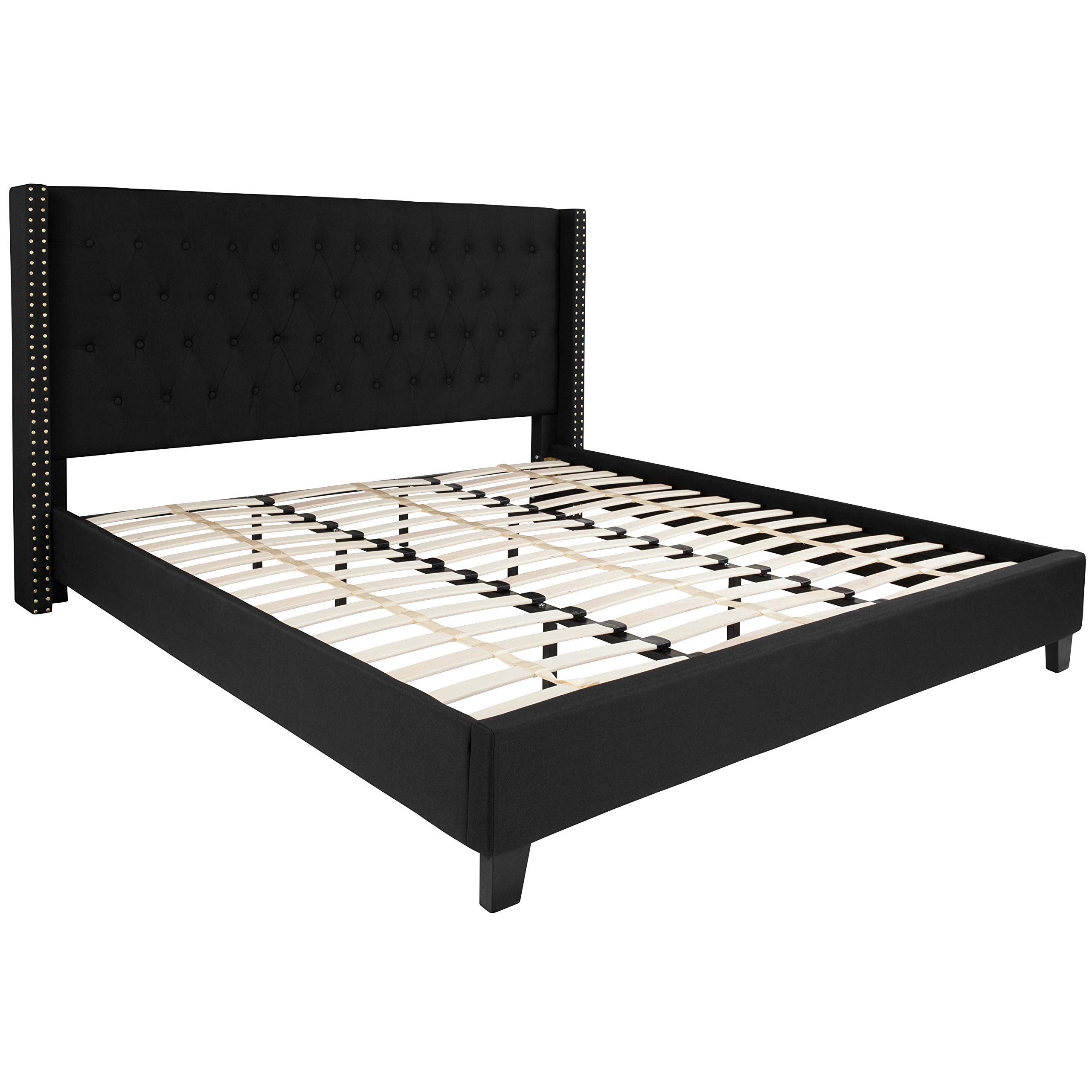 King Accent Extended Panel Platform Bed Frame - Black Fabric Upholstered Queen Size for Modern Bedroom & Guest Room