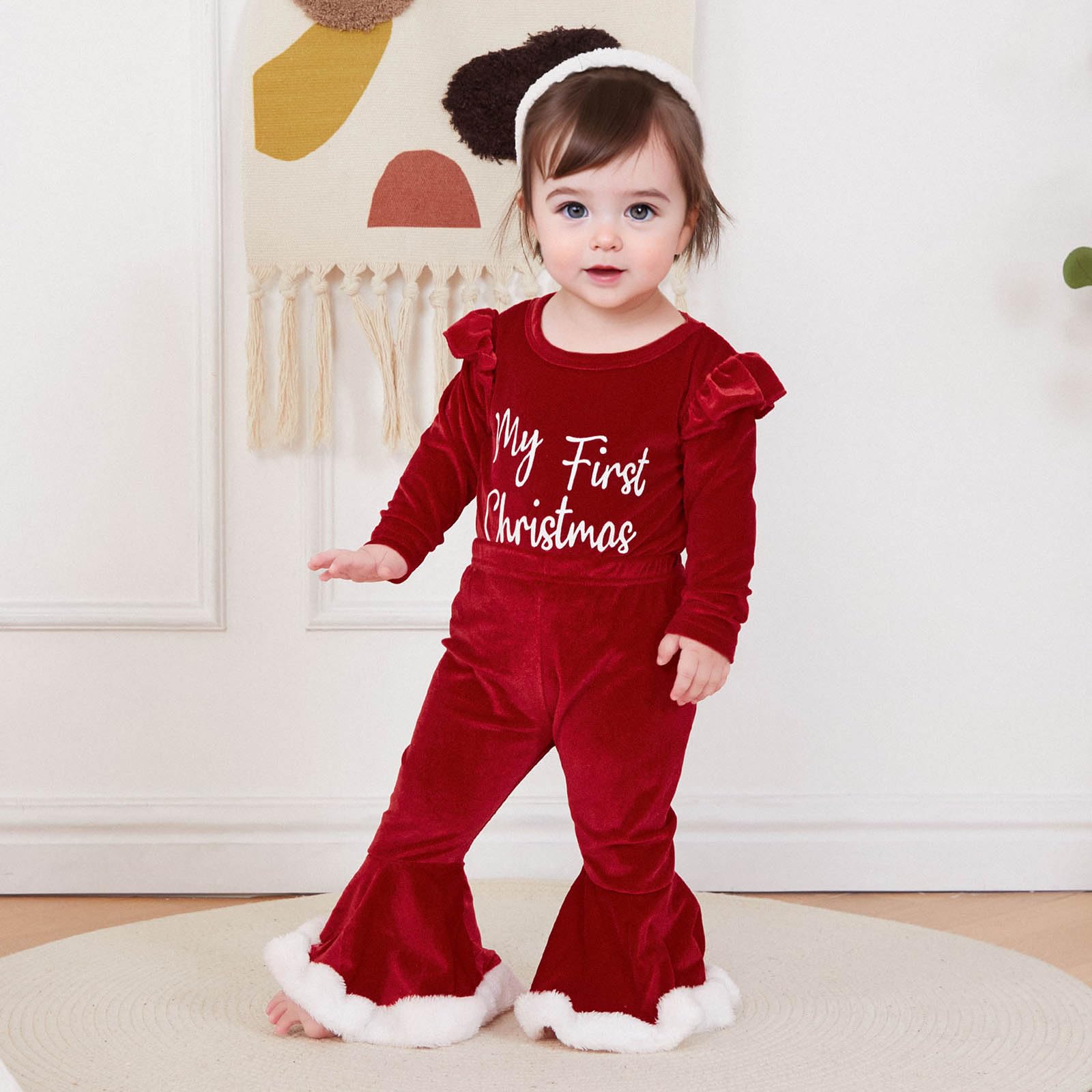 Adorable Toddler Baby Girl Christmas Outfits - Letter Print Ruffle Long Sleeve Romper & Flare Pants Set | Newborn Fall Winter Clothes | Holiday Party & Family Photo Outfits