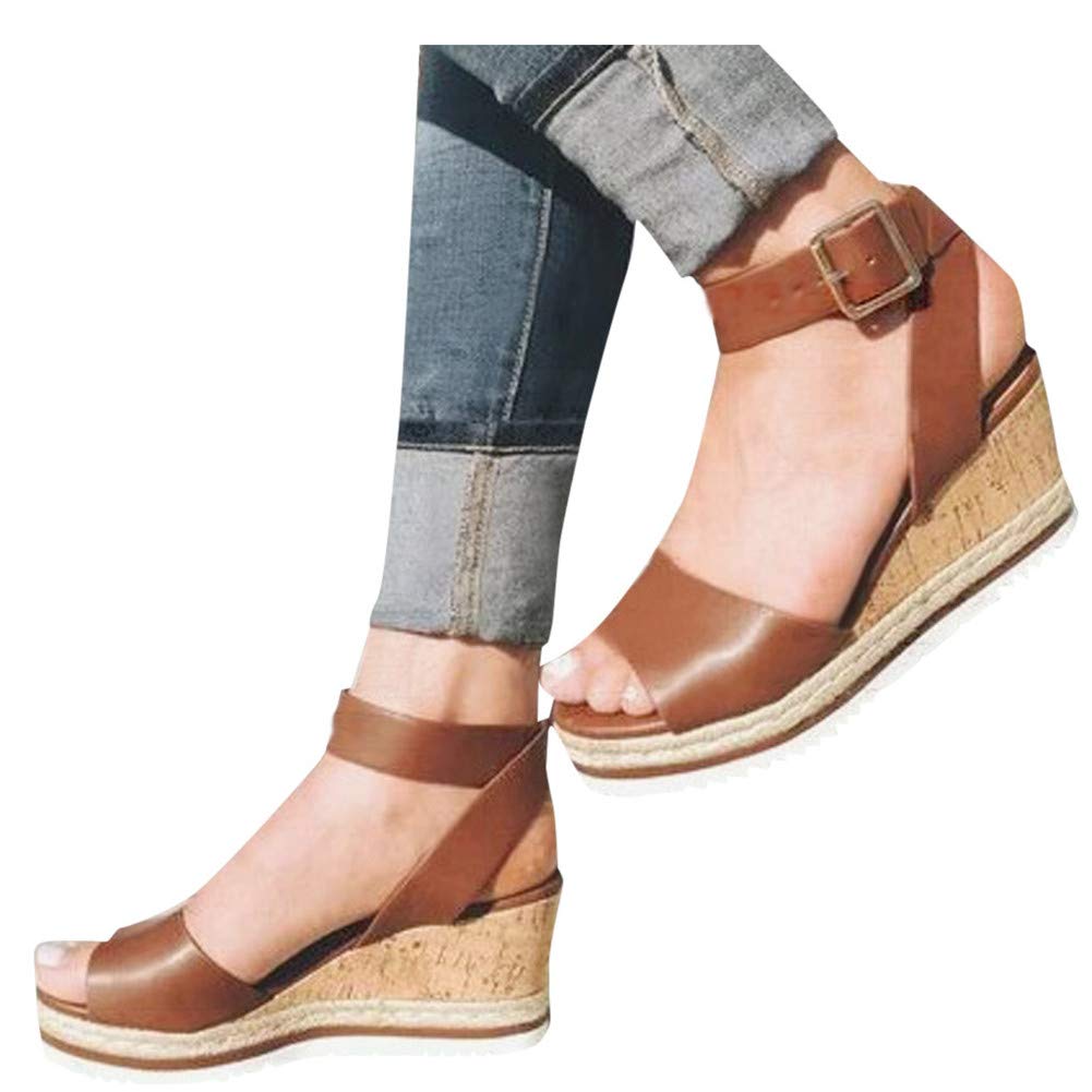 Women's Wide Width Wedge Sandals with Ankle Buckle - 2020 Fashion Summer Beach Sandals, Open Toe Espadrille Platform Shoes for Casual Outings & Vacation Wear