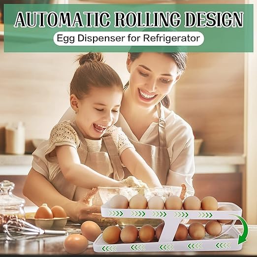 FUTURE TRAND (1Pcs) Double-Layer Refrigerator Egg Holder Organizer - Space Saving Automatic Rolling Egg Dispenser, Kitchen Fridge Egg Storage Tray for Fresh Eggs - Perfect for Breakfast Meal Prep & Home Organization