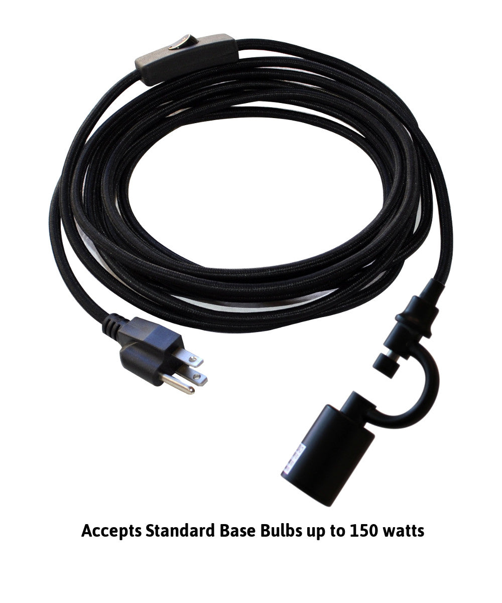 12W MAST Plug-In Wall Mount Pendant Light with Black Cord & Arm, Shallow Drum Black Shade - Perfect for Bedroom, Kitchen, or Dining Room Lighting
