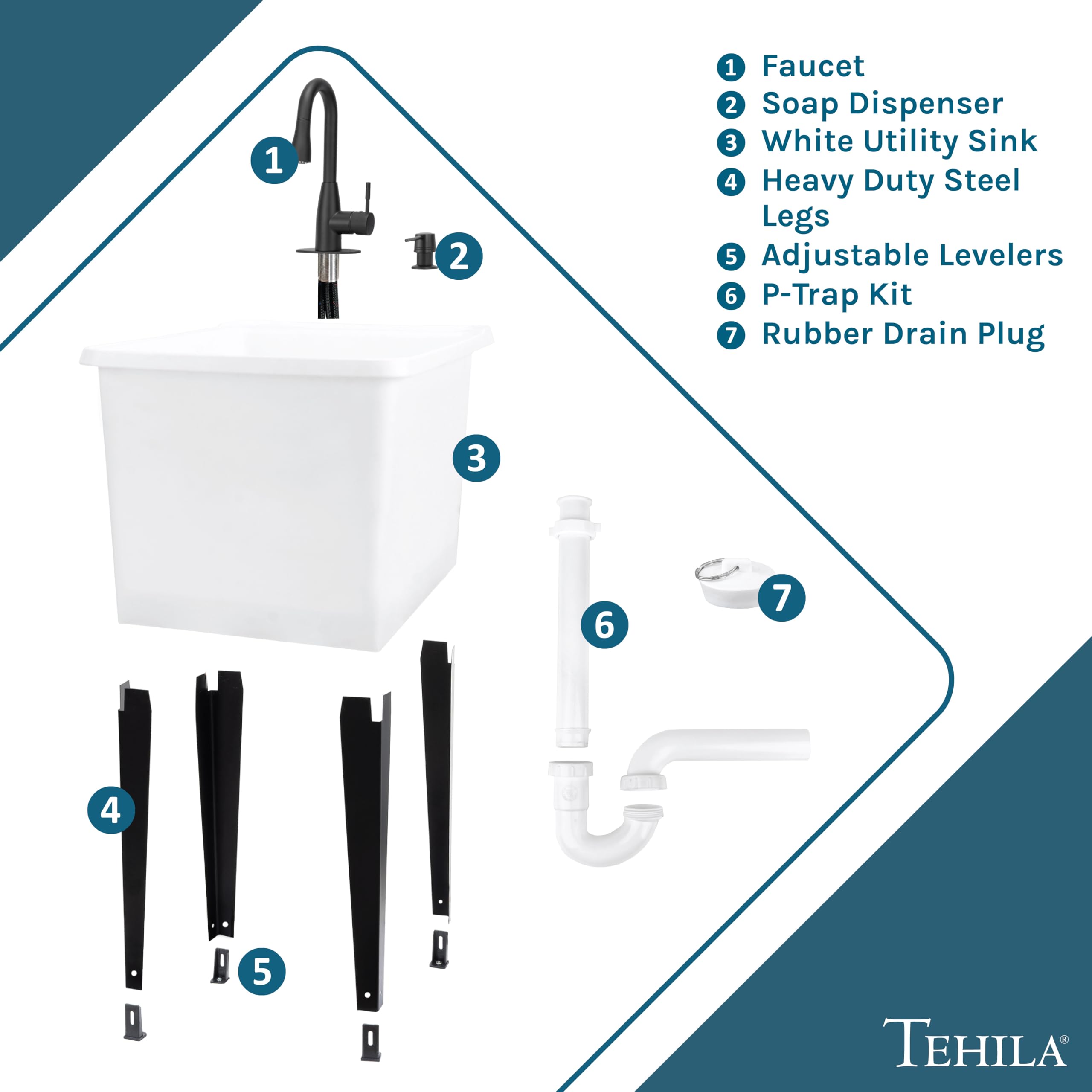 JS Jackson Supplies White Space Saver Utility Sink - Freestanding Laundry Tub with Black Pull-Down Faucet & Soap Dispenser | Perfect for Small Laundry Rooms, Basements & Garages