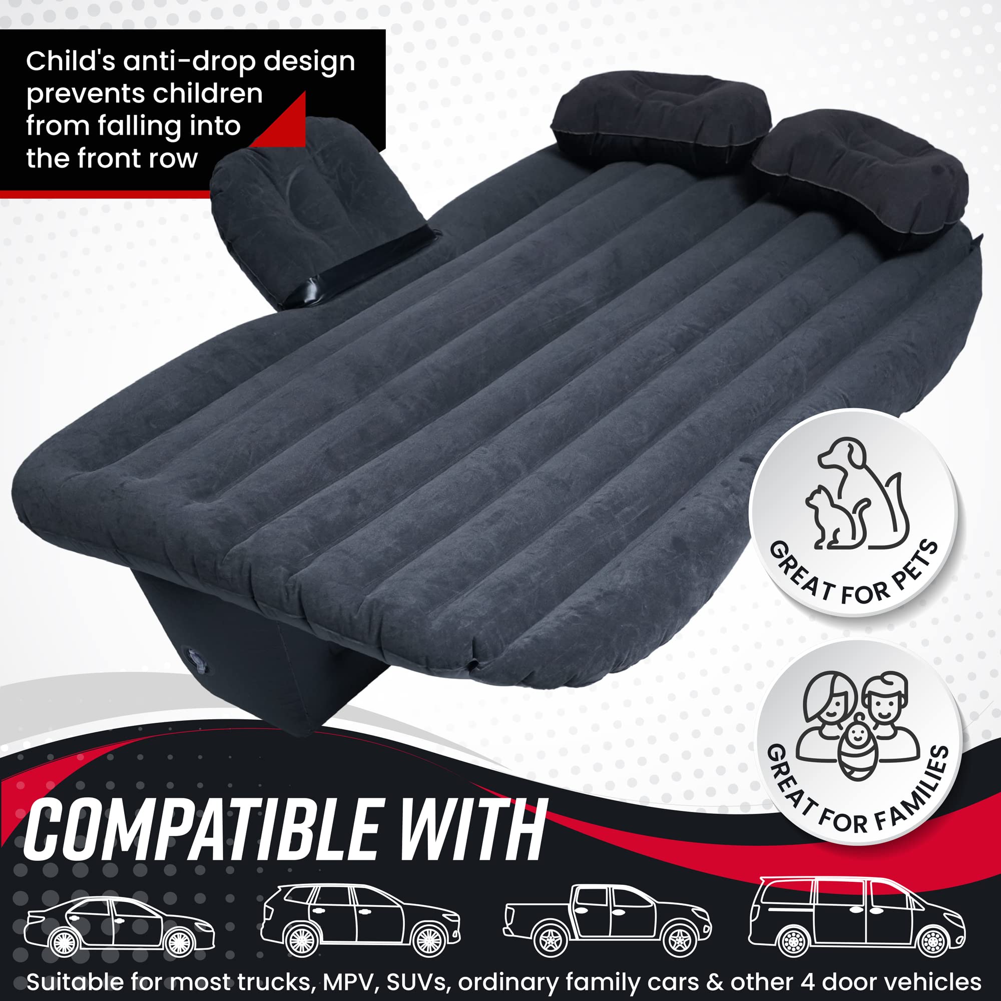 VaygWay Inflatable Car Air Mattress with Pump - Portable Back Seat Air Bed for Camping, Travel & Road Trips - Includes 2 Pillows, Neck Support & Ear Plugs - Perfect for SUV, Van & Car Sleeping Comfort