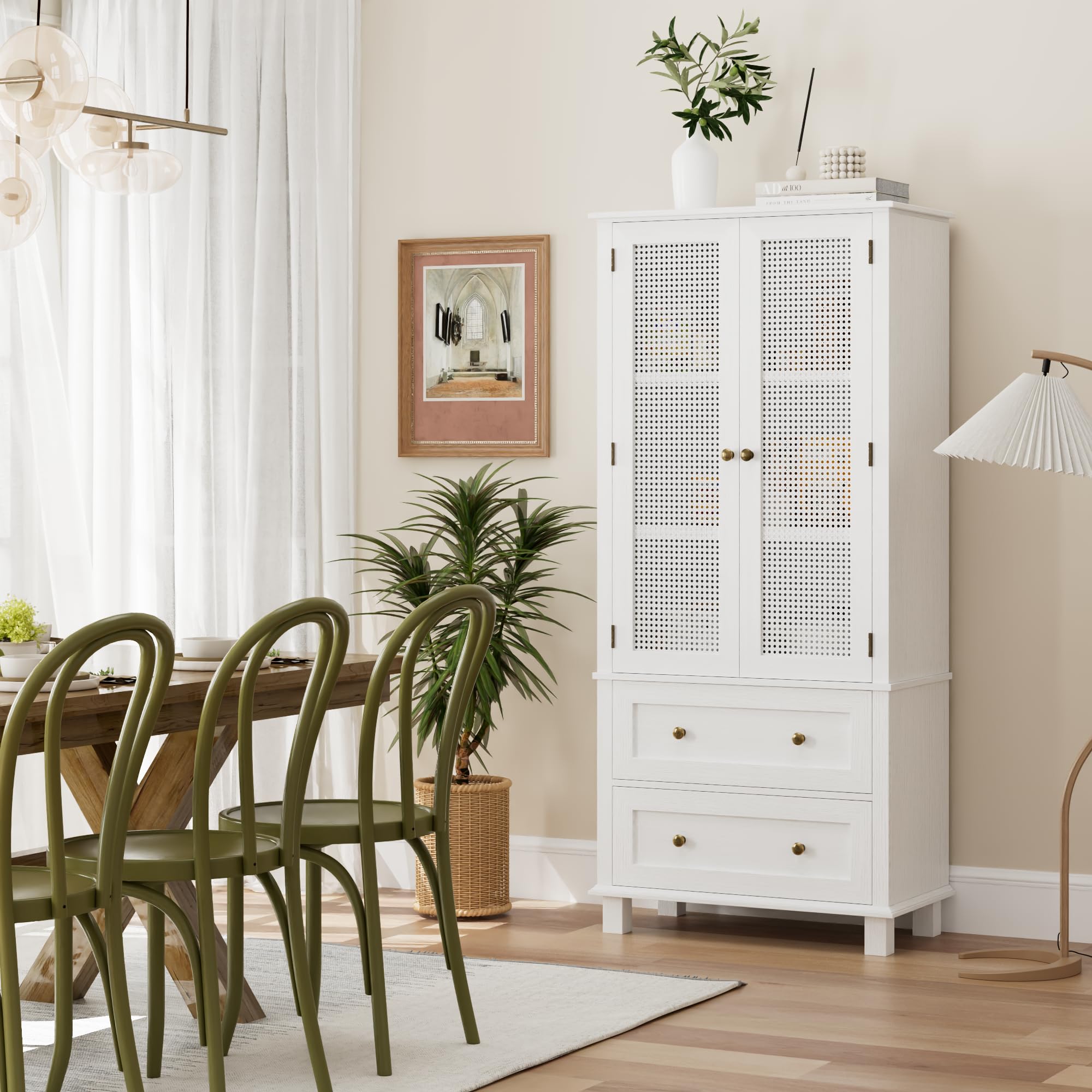 FOTOSOK White Kitchen Pantry Storage Cabinet with Rattan Doors, 2 Drawers & Adjustable Shelf - Perfect for Kitchen, Dining Room, and Home Organization
