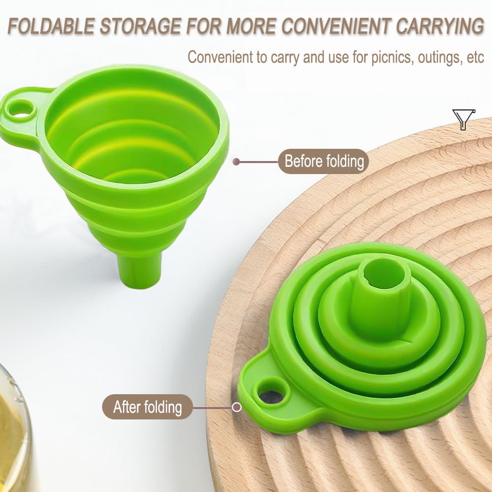 KINDOYO Set of 2 Foldable Silicone Funnels - Collapsible Kitchen Funnel for Cooking, Baking, Oil & Liquid Transfer | Soft BPA-Free Gel Funnel (Blue + Green) | Perfect for Home Kitchen, Camping & DIY Projects