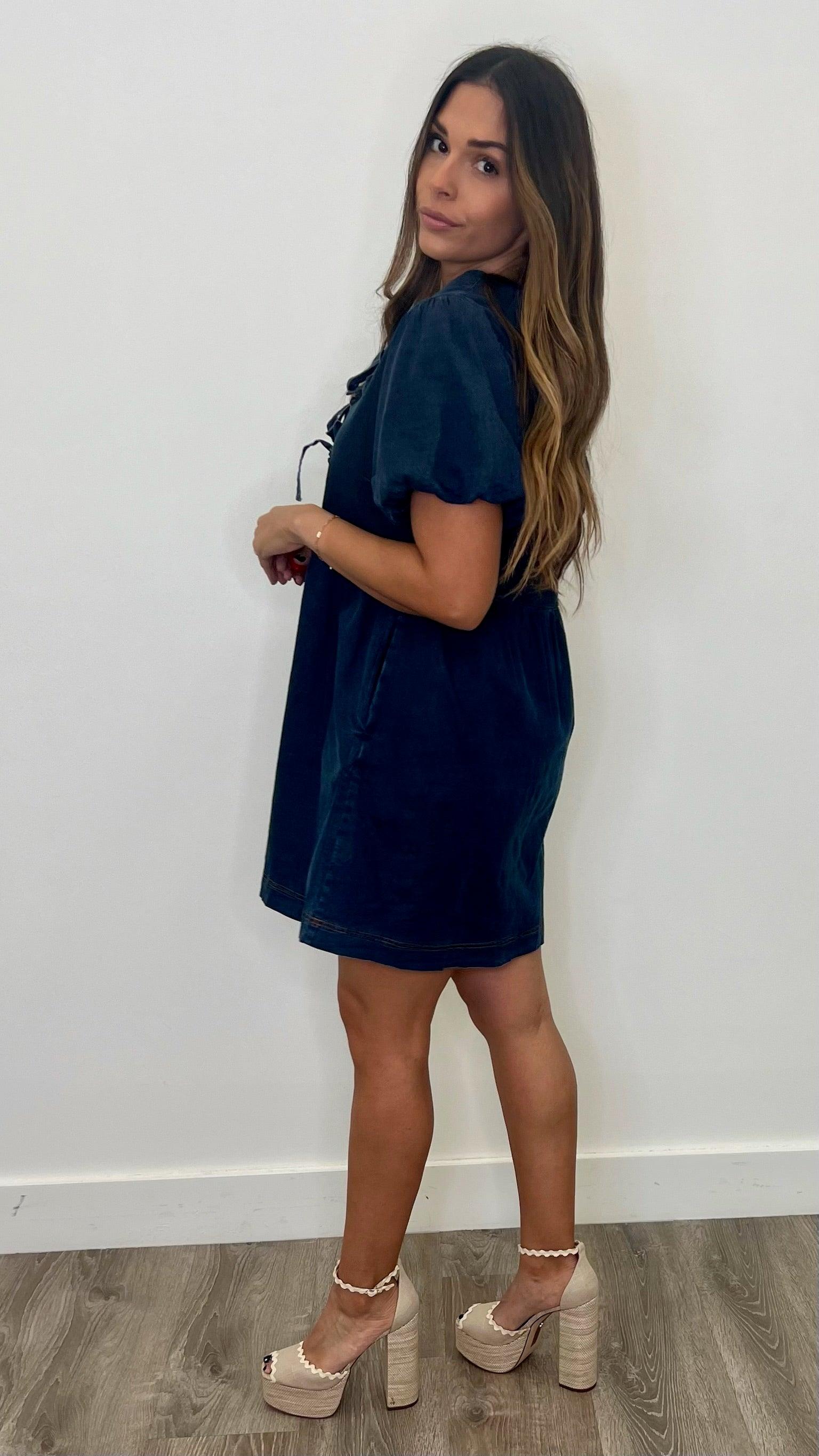 Lizzie Dark Denim Babydoll Dress for Women - Vintage Inspired Mini Dress with Flutter Sleeves - Perfect for Date Night, Party & Casual Outings
