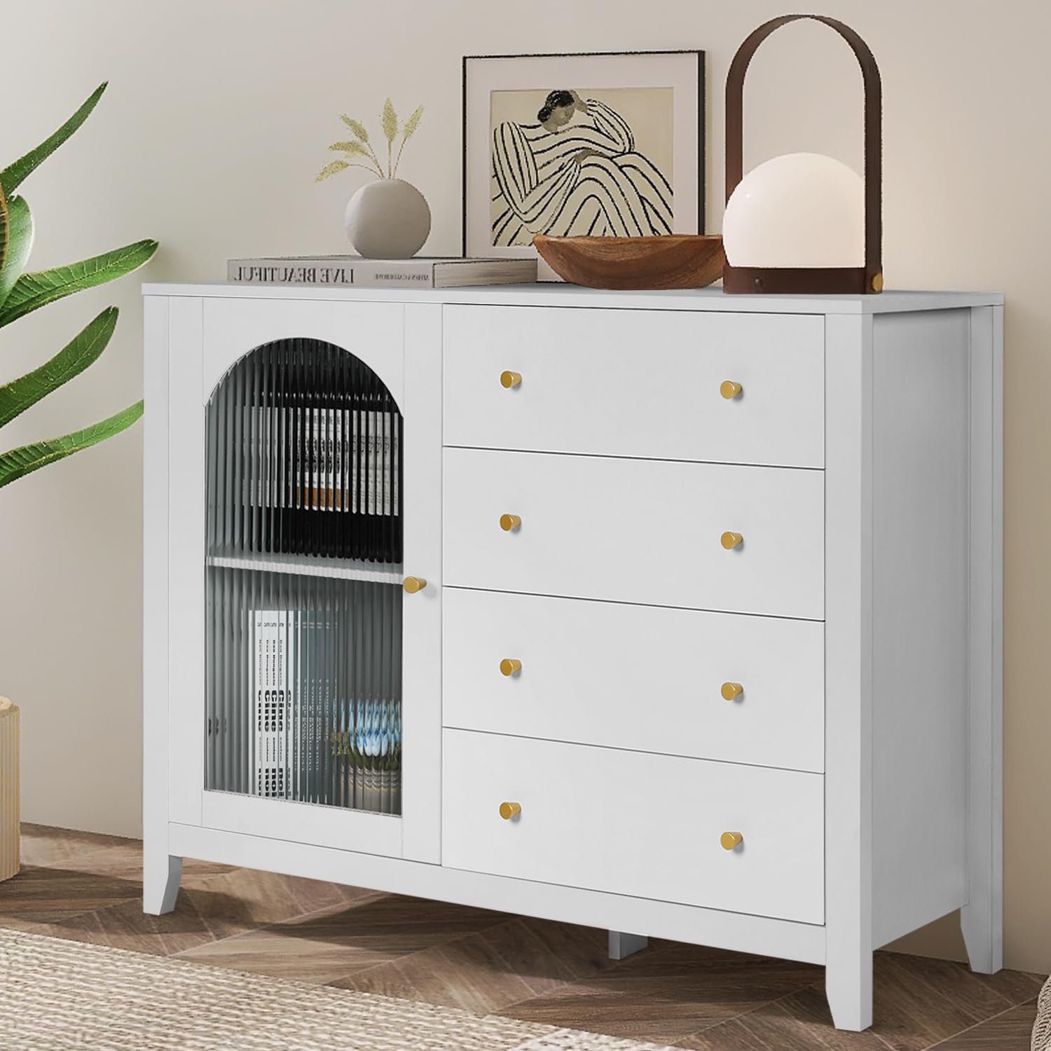 ENSTVER 3-Piece Wooden Bedroom Set - White Dresser with 4 Drawers & Nightstands with Glass Doors for Bedroom Storage & Organization | Perfect for Master Bedroom, Guest Room, or Apartment Decor