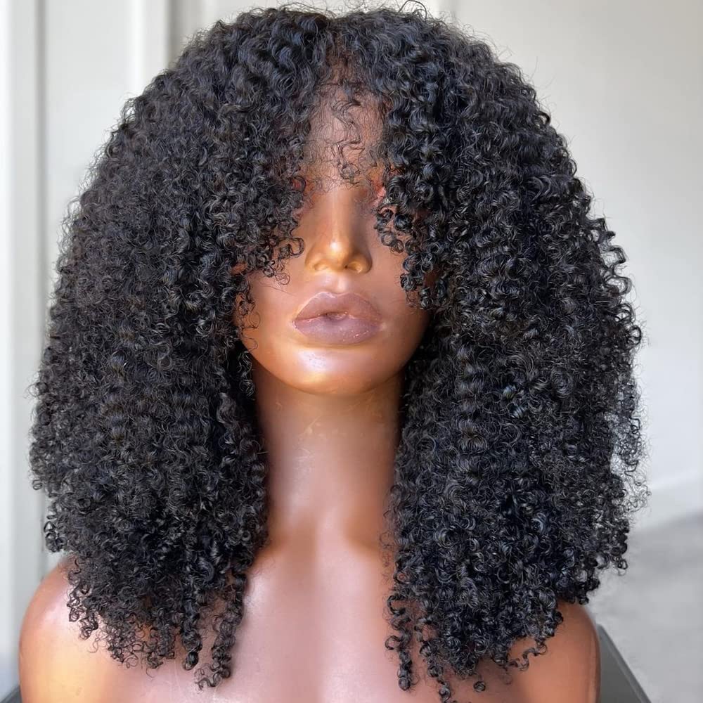 180 Density Afro Kinky Curly Human Hair Wig with Bangs - Brazilian Remy Hair Machine Made Scalp Top - Bouncy Curly Wigs for Black Women - Perfect for Cosplay, Daily Wear & Special Occasions