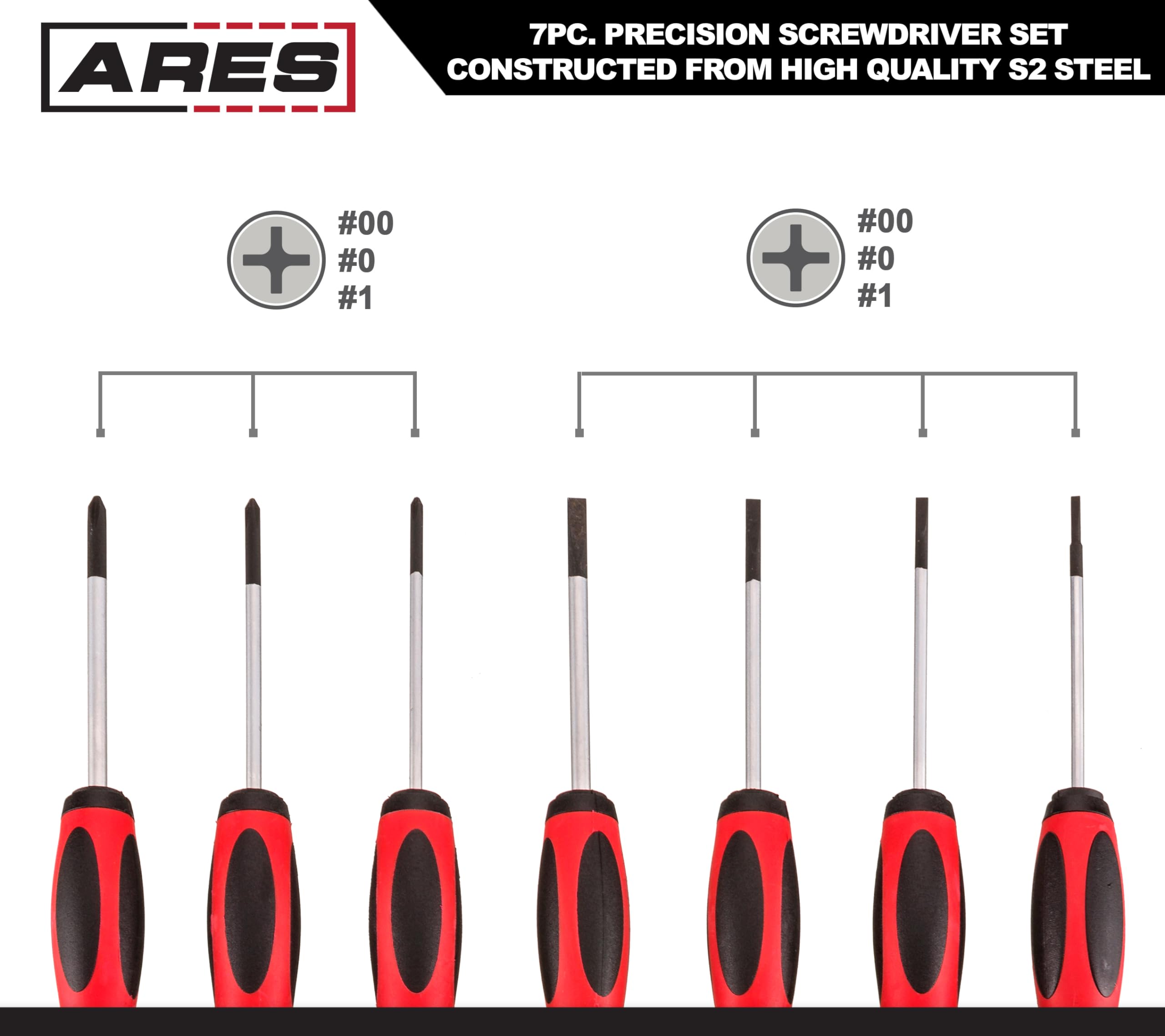 ARES 70600 7-Piece Precision Screwdriver Set with S2 Steel Shafts - Phillips (00, 0, 1) & Slotted (1.5, 2.0, 2.4, 3.0mm) Bits - Includes Storage Pouch - Ideal for Electronics, Watches, Glasses & Small Device Repair