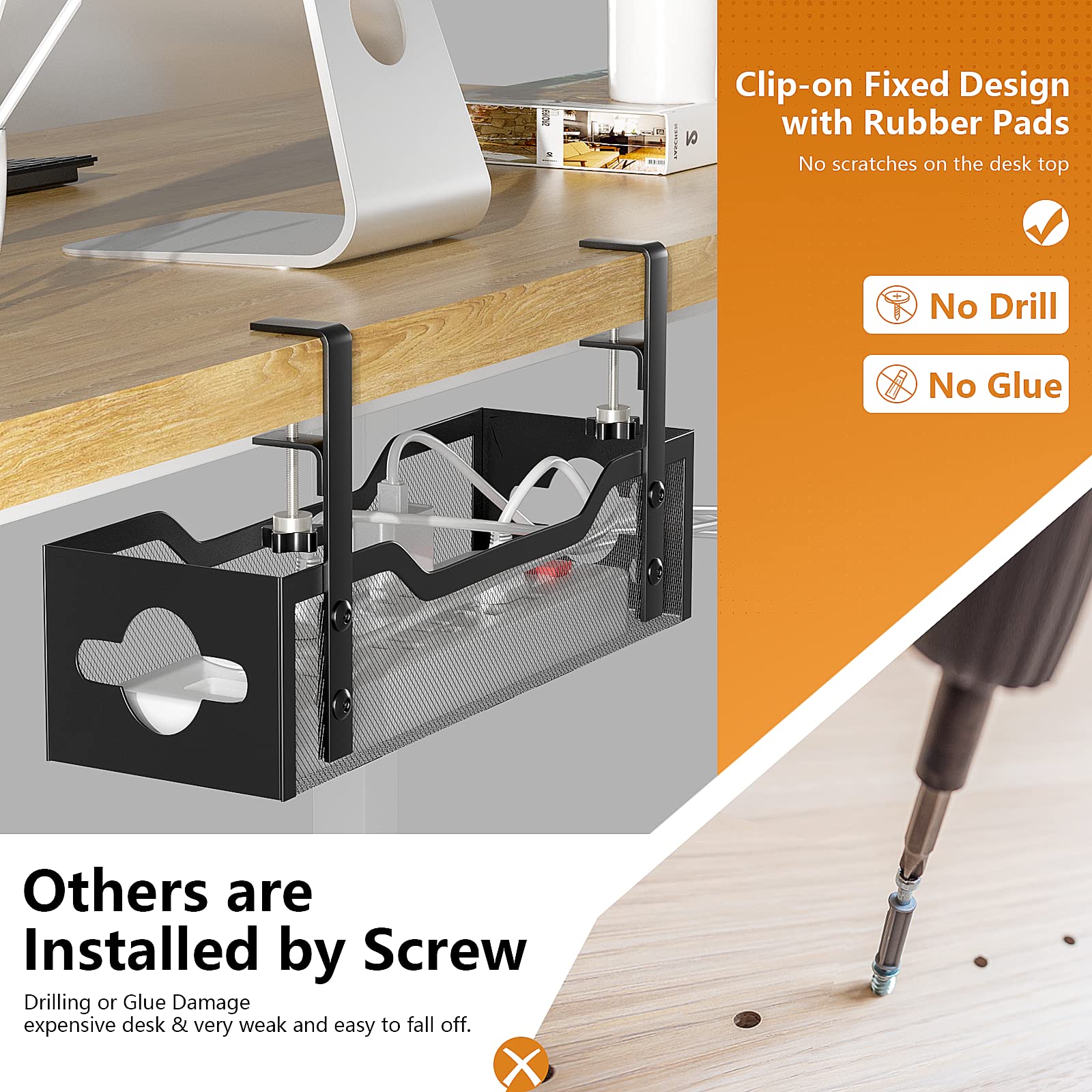 Under Desk Cable Management Tray - No Damage Standing Desk Cord Organizer - Easy Install Black Wire Tray 13.38