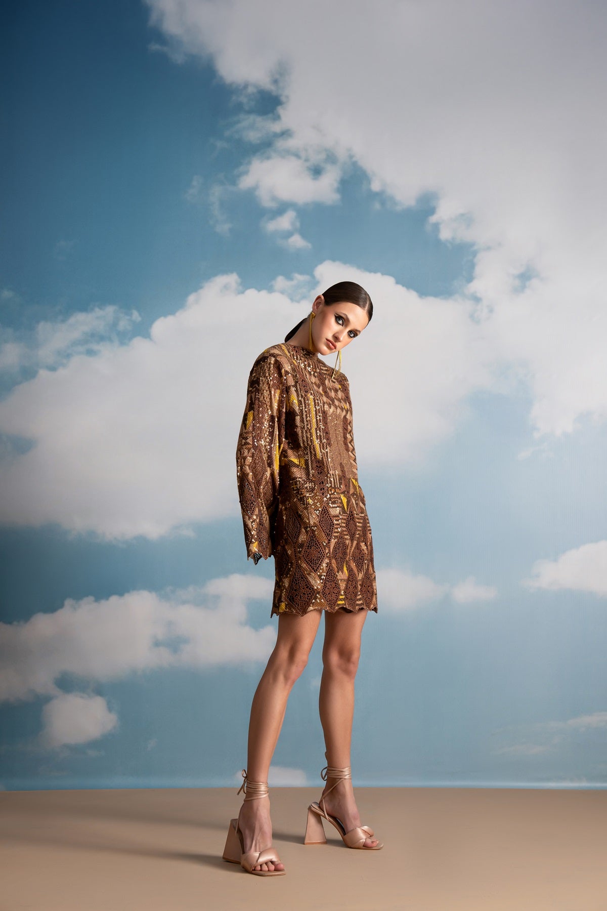 Elegant Brown Sequin Embroidered Dress with Cutwork Detail - Perfect for Evening Parties, Prom, and Special Occasions