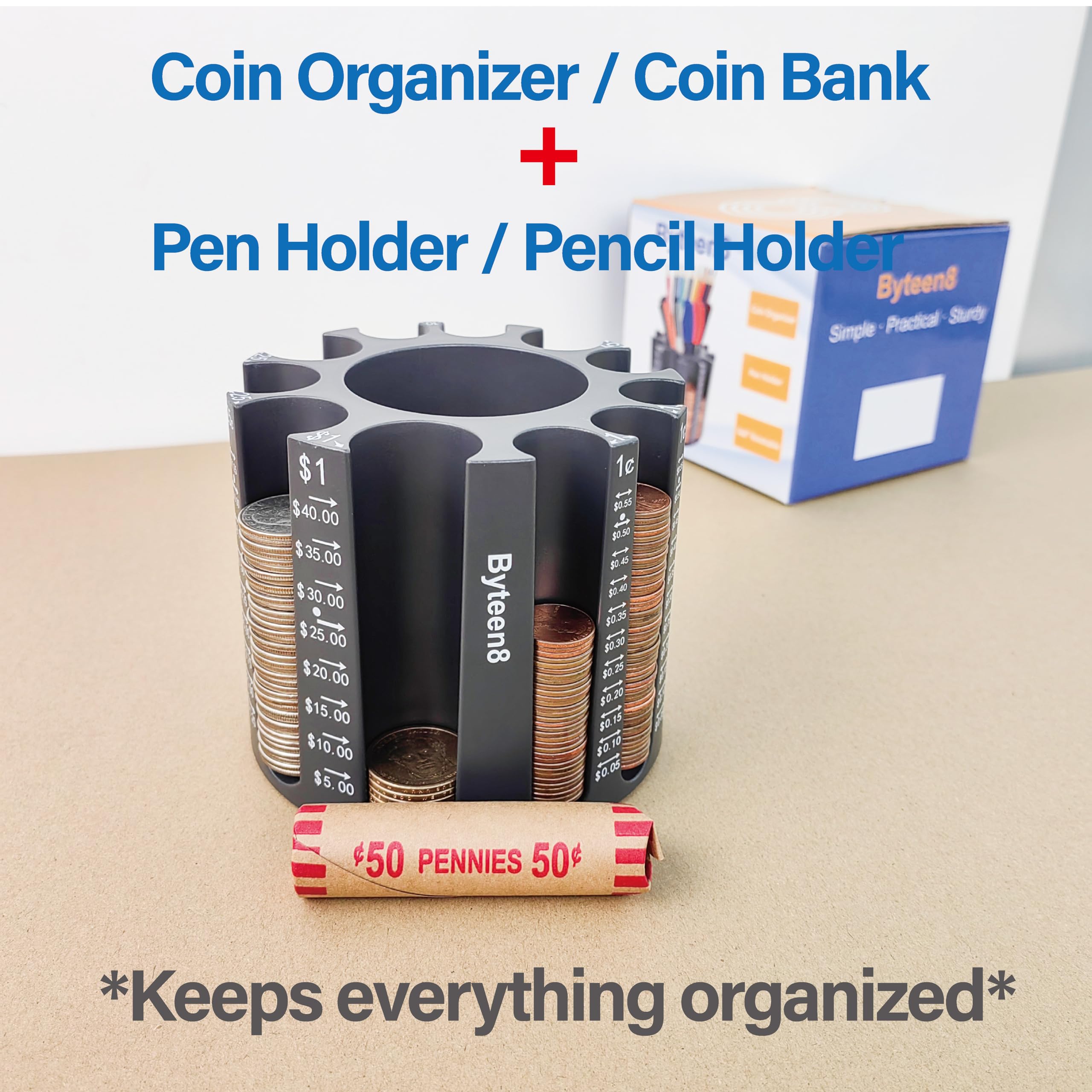 Coin Counter and Sorter with Pen Holder | Desk Organizer for Coins & Pencils | Piggy Bank for Adults & Kids | Holds 500 Coins with Wrappers | Unique Gift for Family & Office Use | Perfect for Home, Office, and Classroom Organization