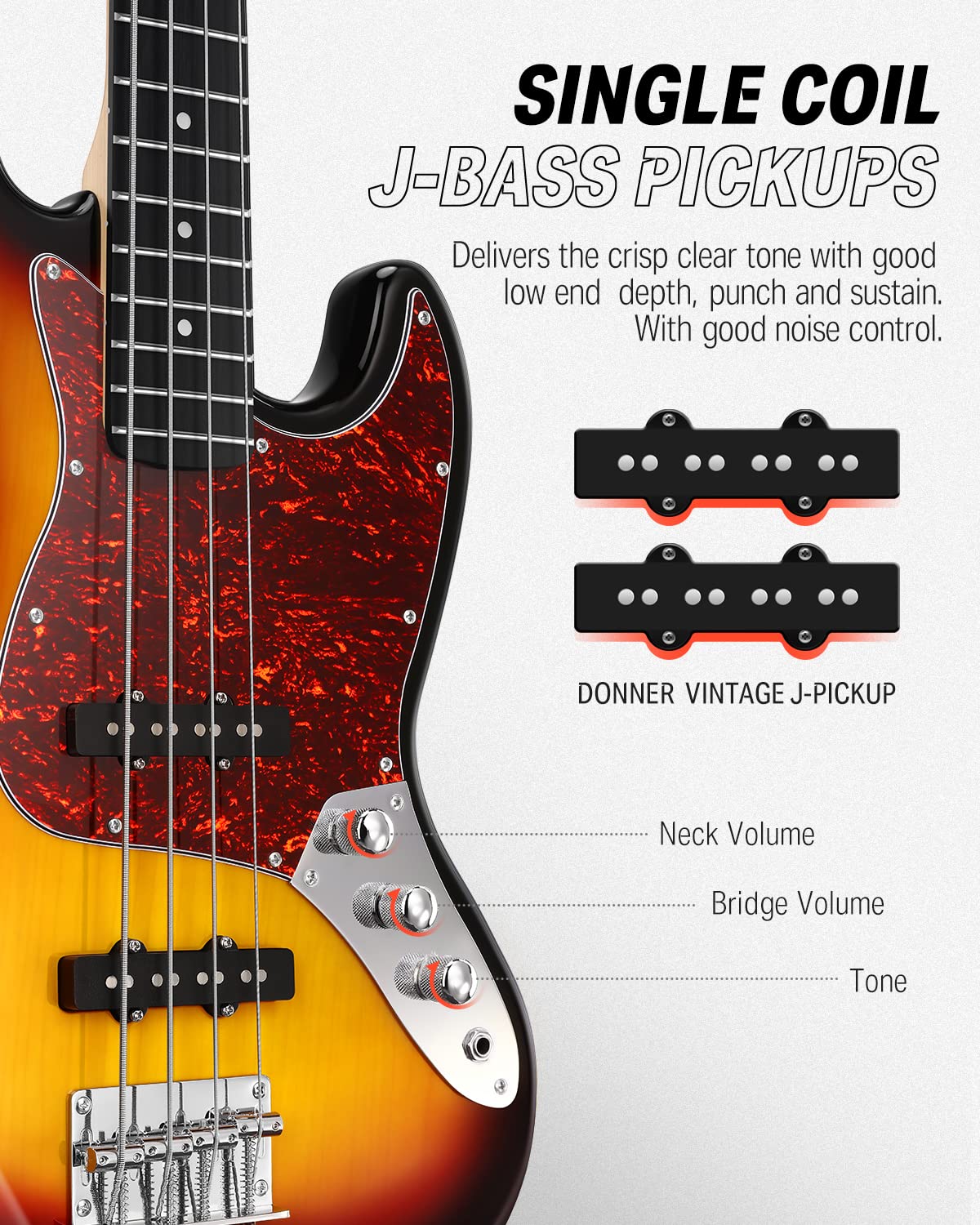 Donner DJB-510 4-String Full Size Electric Bass Guitar Kit for Beginners - Sunburst JB-Style Bass with Gig Bag, Strap, Cable & Free Online Lessons | Perfect for Practice, Recording & Live Performances