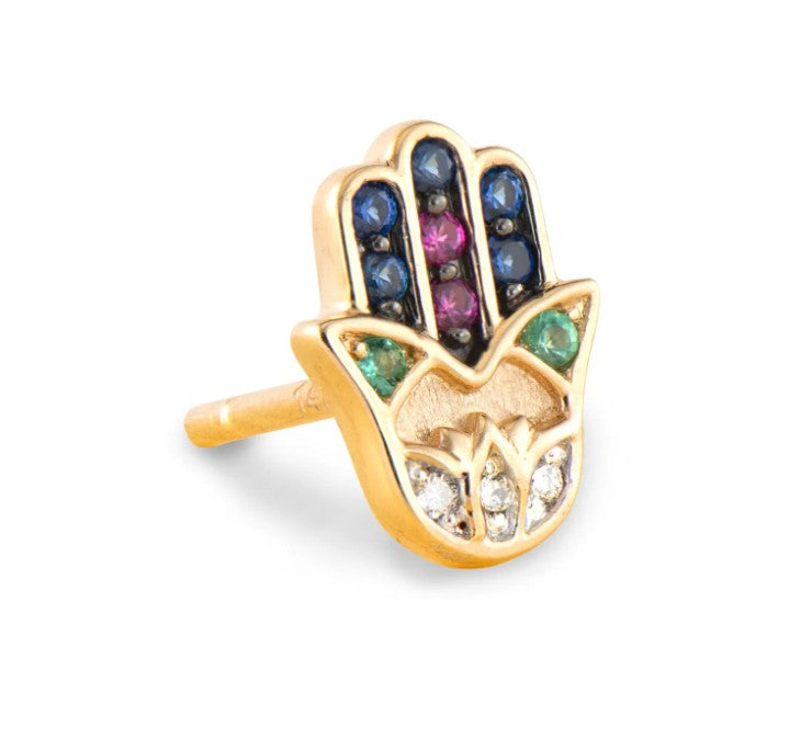 14K Yellow Gold Diamond Emerald Sapphire Hamsa Stud Earrings - Perfect for Everyday Wear, Gift Giving & Spiritual Protection