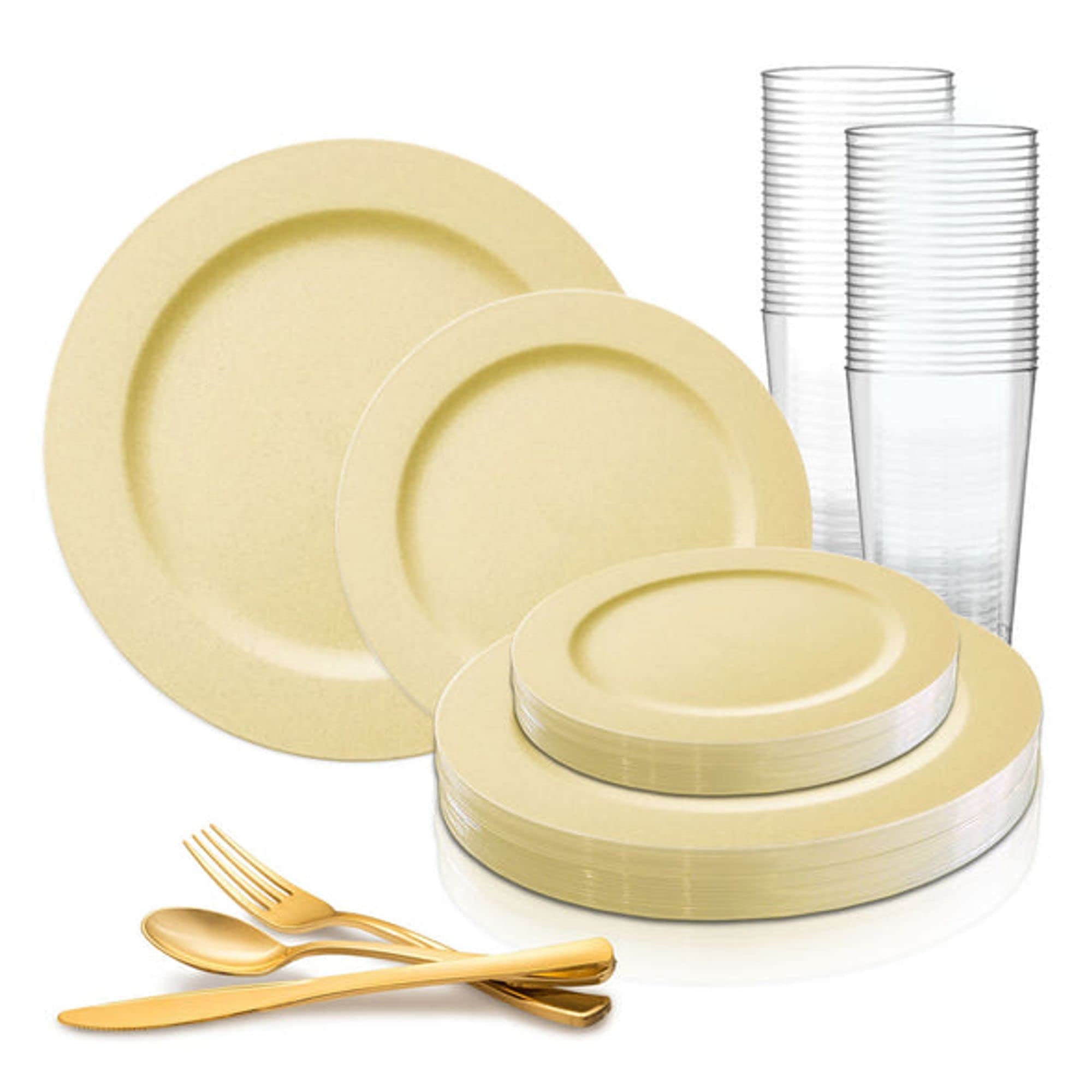 Elegant Disposable Plastic Party Dinnerware Set - Matte Dinner & Salad Plates, Cutlery (Spoons, Forks, Knives) & Cups Bulk 120-Piece Set for Weddings, Birthdays, BBQs & Special Events (Bright Yellow) - Perfect for Outdoor Parties, Catering & Large Gatherings