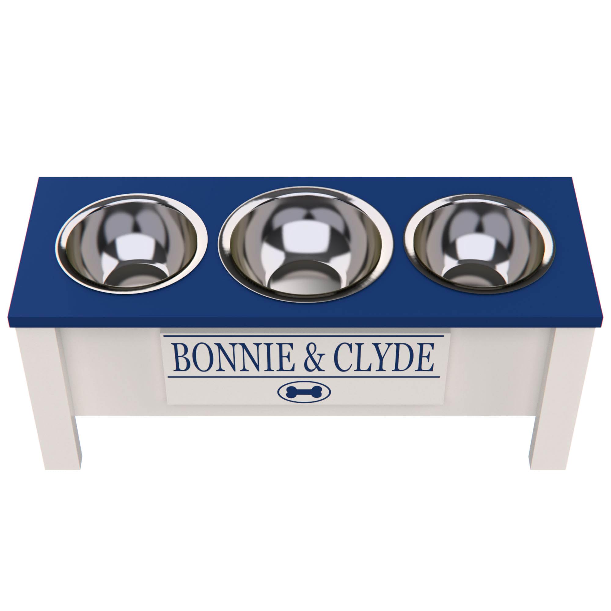 Personalized Elevated Triple Dog Bowl Stand for Large, Medium, Small & X-Small Dogs - 3 Stainless Steel Food & Water Bowls with Internal Storage (Large, Blue) - Perfect for Feeding Multiple Pets & Space-Saving Kitchen Organization