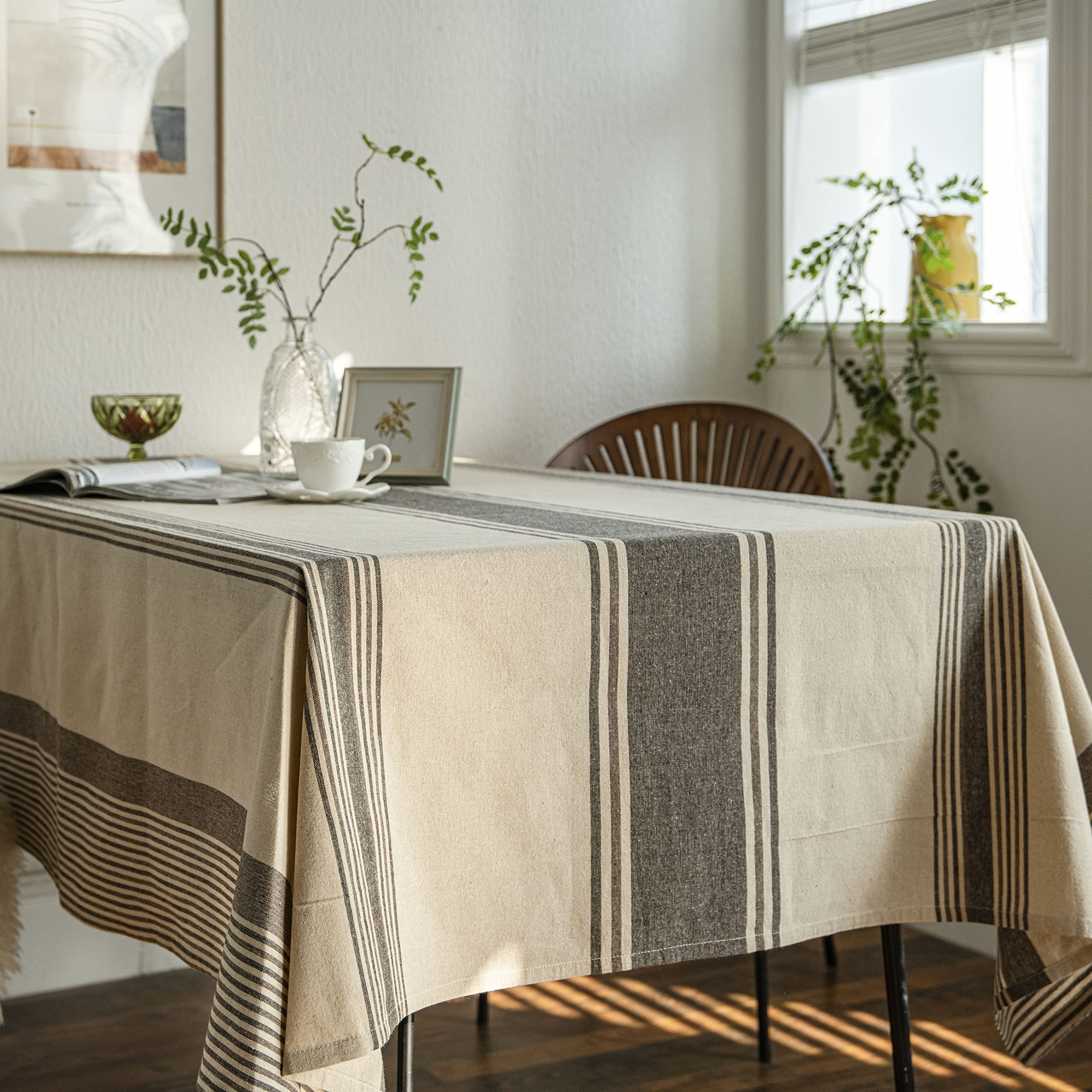ArtBud Heavy Duty Burlap Cotton Linen Tablecloth - Farmhouse Style Striped Rectangle Table Cover 55