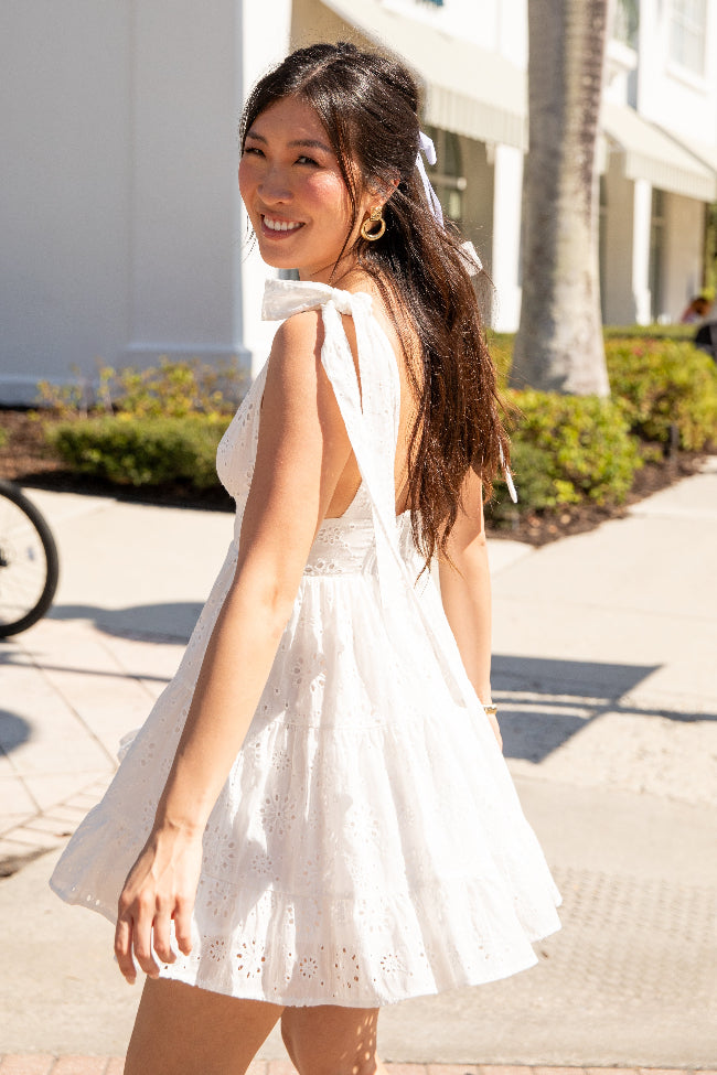 Elegant White Tie Shoulder Eyelet Dress for Women - Perfect for Weddings, Parties & Special Occasions | Wear With Love