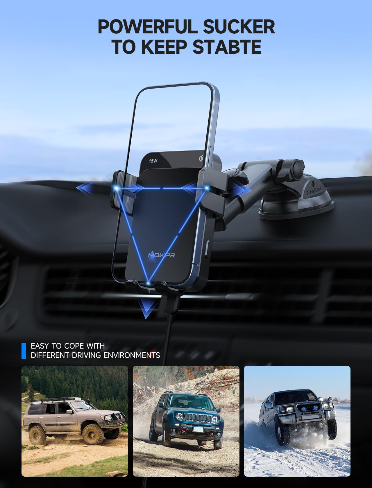 15W MOKPR Auto-Clamping Wireless Car Charger - Fast Charging Phone Holder for iPhone 16/15/14/13/12/11/X/8 & Samsung S24/S23/S22 - Compatible with Dashboard, Windshield & Air Vent Mounts | Perfect for Road Trips & Daily Commutes