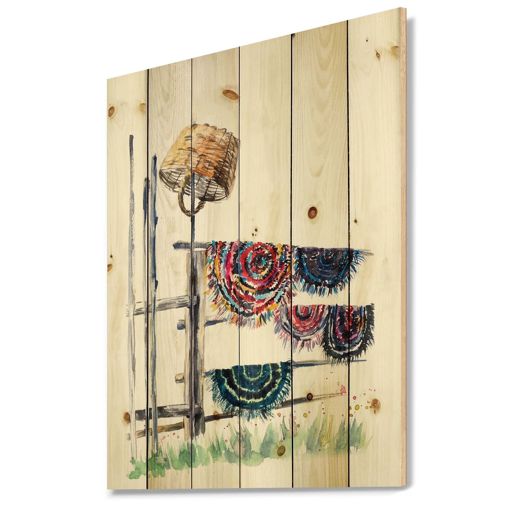 DesignQ Russian Rugs Drying Line Wood Wall Art - Pink Cultural Wall Decor, Large Printed Pine Wood Panels for Living Room, Bedroom & Office Decor