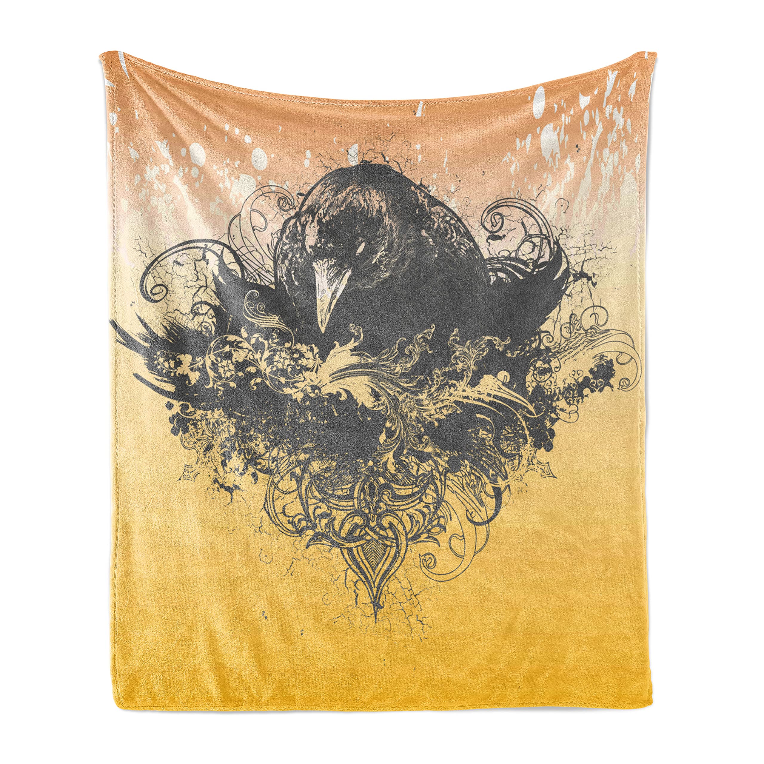 Ambesonne Halloween Throw Blanket - Wicked Crow & Ornate Flowers Flannel Fleece Blanket (50x70 Inches) - Soft Black & Mustard Couch Cover for Living Room, Bed, Sofa - Cozy Fall Decor & Gift Idea
