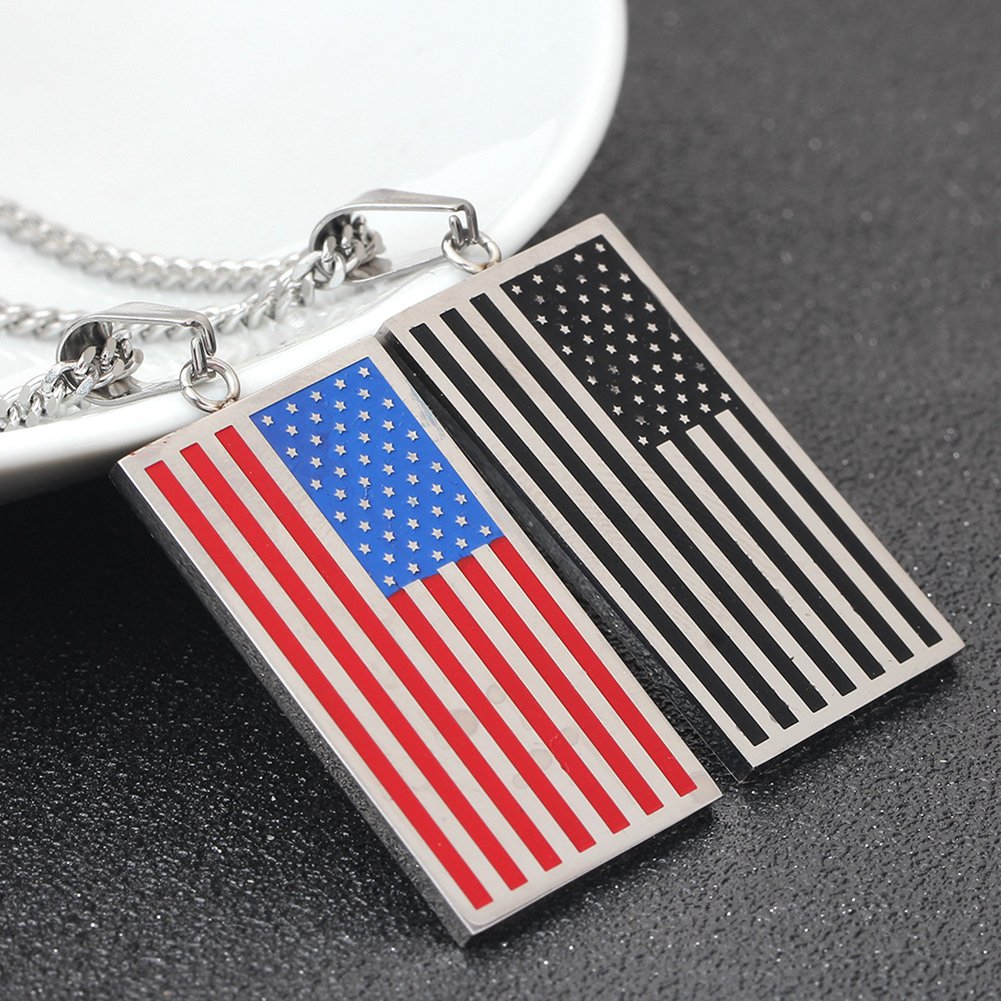 USA Flag Dog Tag Necklace - Patriotic Stars & Stripes Pendant with 24