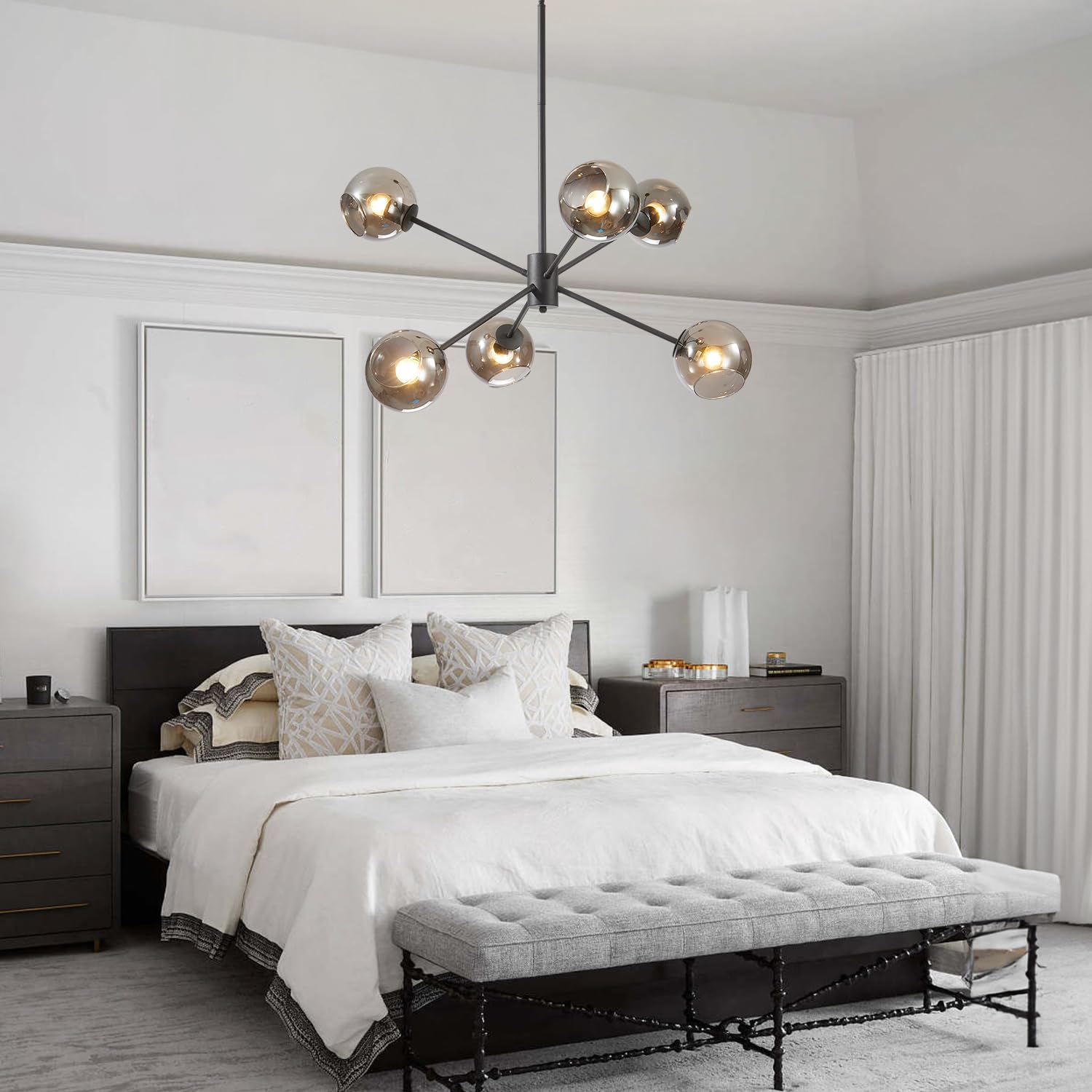 BOKT 6-Light Modern Glass Globe Sputnik Chandelier - Mid Century Matte Black Adjustable Pendant Light Fixture with Vintage Smoke Gray Balls - Perfect for Kitchen, Dining Room, Living Room & Bedroom Lighting
