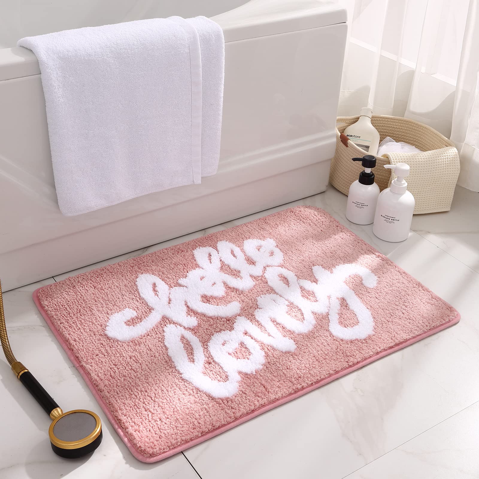 Soft Preppy Bathroom Rugs - Hot Pink Water Absorbent Microfiber Shower Mat with Non-Slip Backing | Cute Funny Bathroom Decor for Girls, Teens & Women | Perfect for Bath, Shower & Vanity Areas