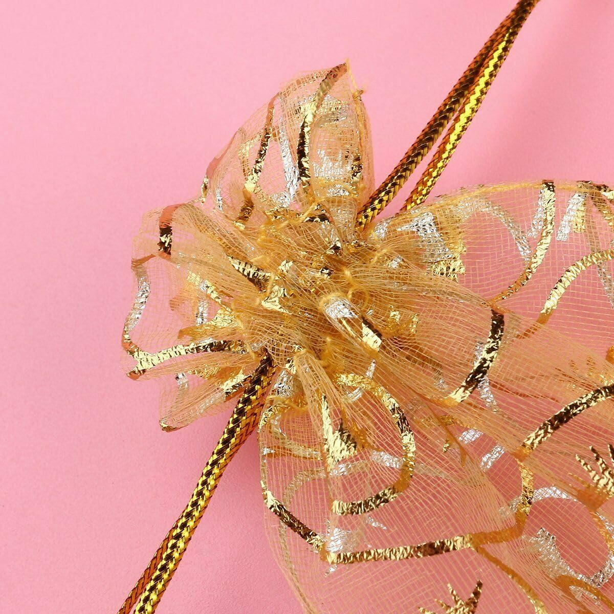 Premium Printed Organza Gift Bags - 25-Pack Golden Drawstring Pouches for Weddings, Jewelry, Party Favors & Special Occasions | Elegant Return Gift Packaging Solution
