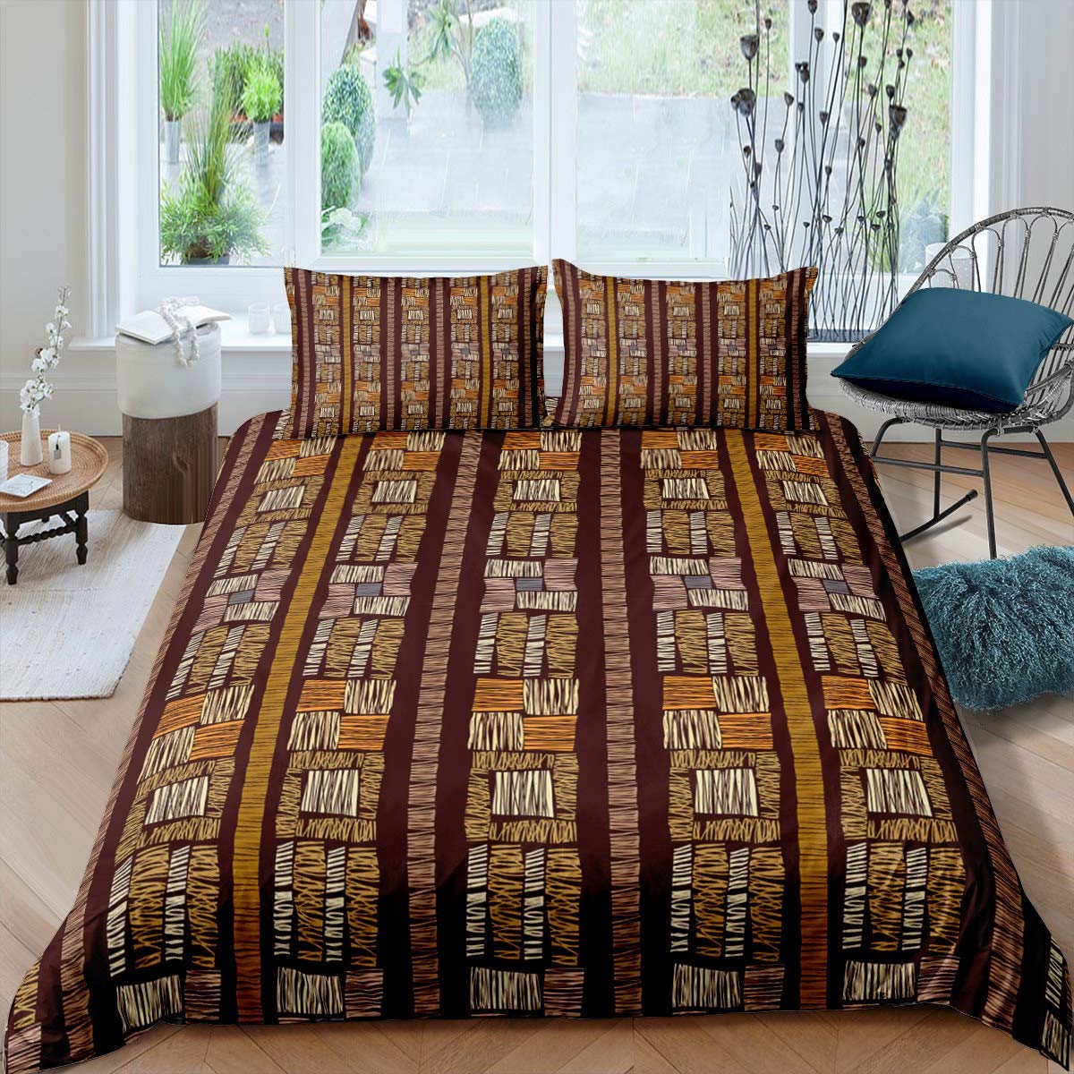 Boho Stripe Bedding Set for Men - Vintage Geometric Design Comforter Cover with Zipper Ties - Twin Size 2-Piece Duvet Cover - Southwestern Rustic Farmhouse Decor for Cozy Bedroom & Guest Room Styling