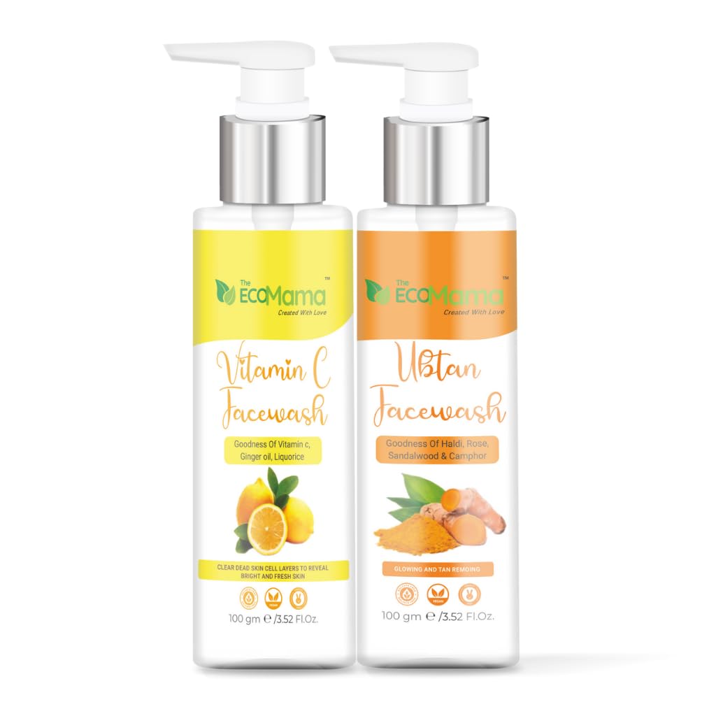 Eco Mama Ubtan & Vitamin C Face Wash Combo (200ml) - Natural Brightening Face Wash with Sandalwood, Turmeric, Saffron & Vitamins C&E | Vegan Skincare for Radiant Skin | Perfect for Morning & Night Cleansing Routine