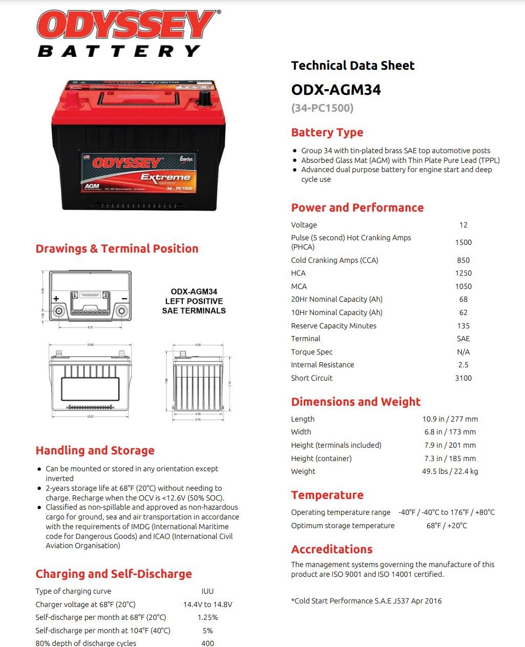 Odyssey Battery 34 ODX AGM34/PC1500 Extreme Series 12V 850 CCA Dry Cell Car Battery - Perfect for Trucks, RVs, Marine & Off-Road Vehicles