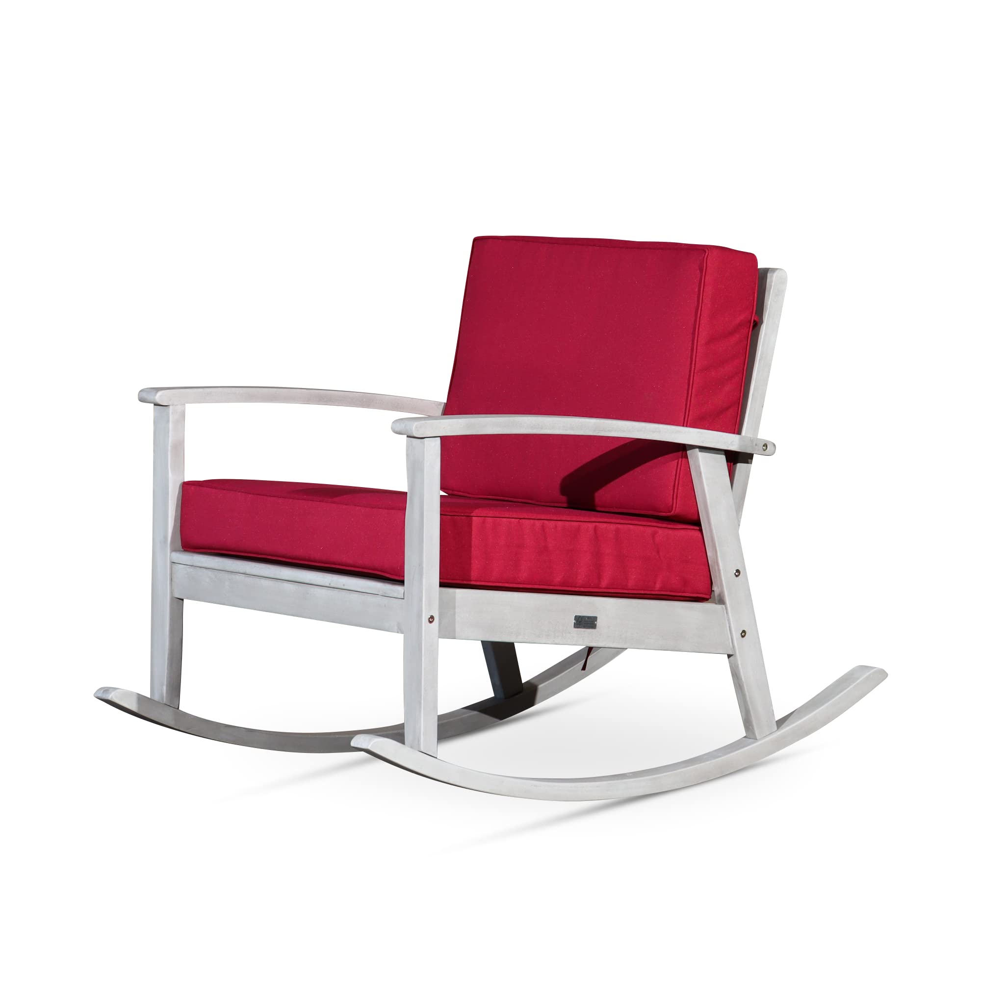 DTY Outdoor Living Longs Peak Deep Seat Eucalyptus Rocker - Silver Gray Finish with Burgundy Cushions | Patio, Garden & Porch Rocking Chair for Relaxing Outdoors