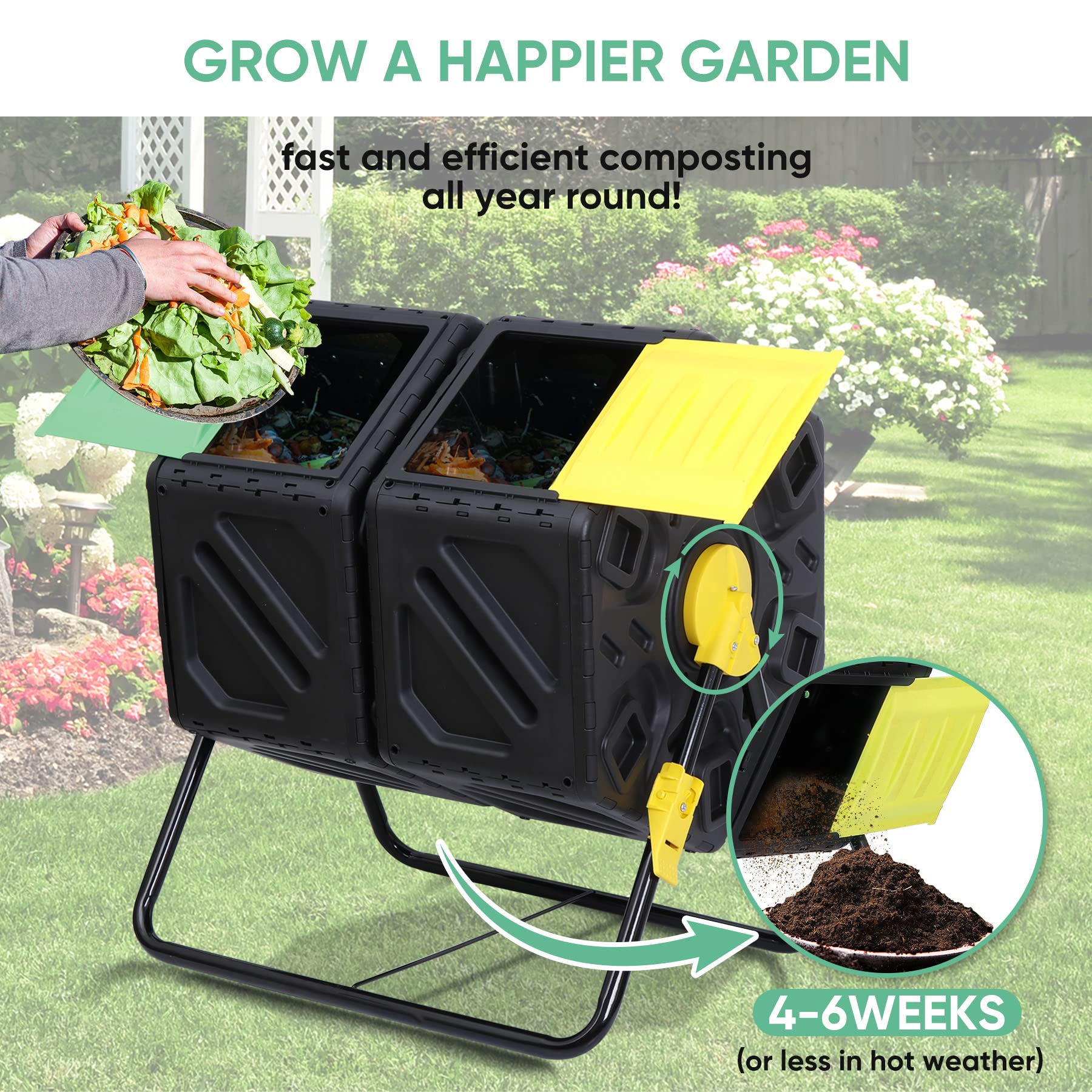 HomGarden 37 Gallon Dual Chamber Compost Tumbler - High Capacity Outdoor Composter with 2 Sliding Doors for Efficient Garden Waste Recycling | Perfect for Backyard, Organic Gardening & Sustainable Living