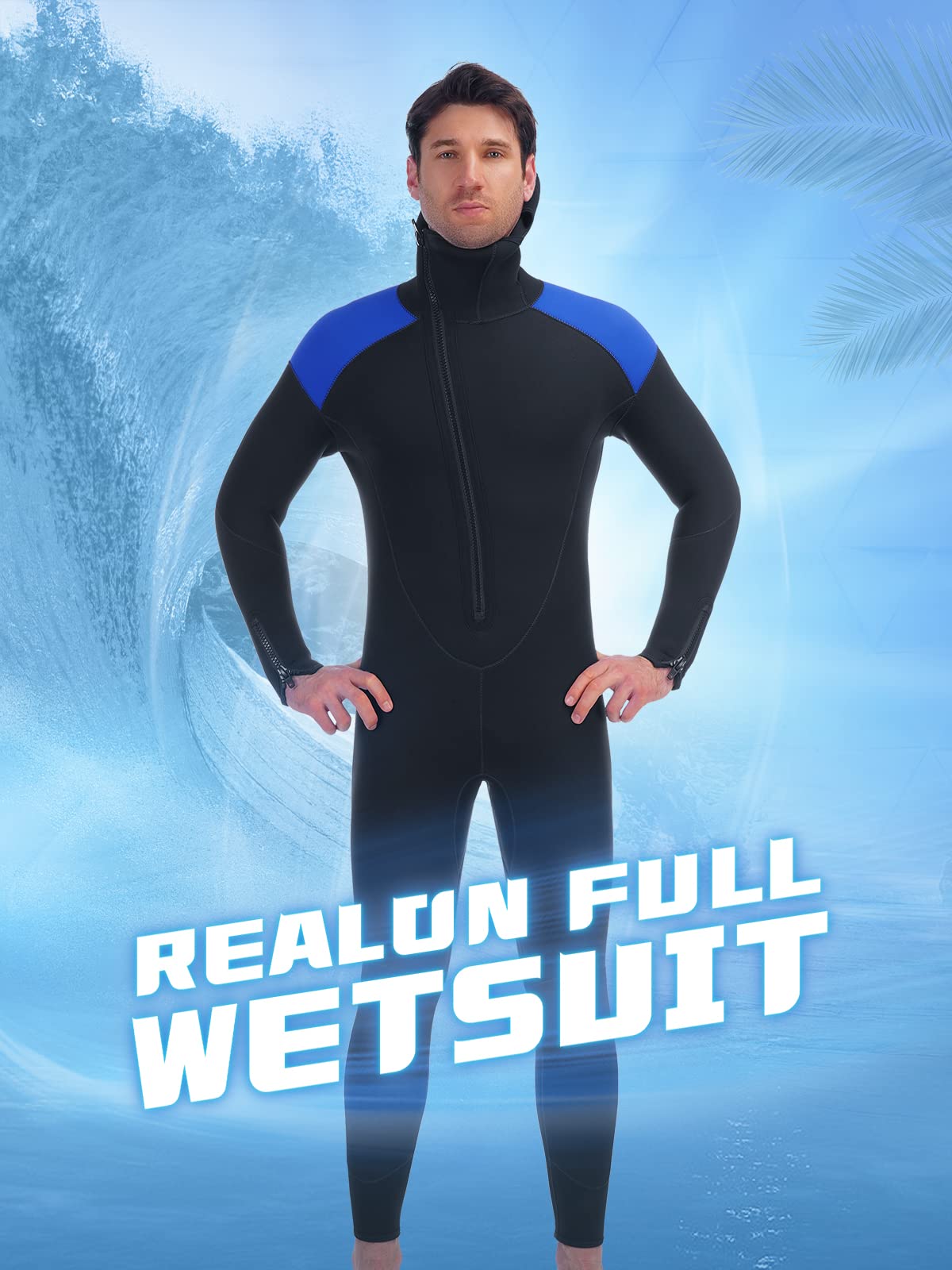 5mm Neoprene Men's Wetsuit with Hood - Full Body One Piece Thermal Spearfishing Suit, Front Zipper for Cold Water Protection - Ideal for Surfing, Swimming, Diving & Snorkeling in Chilly Ocean Waters