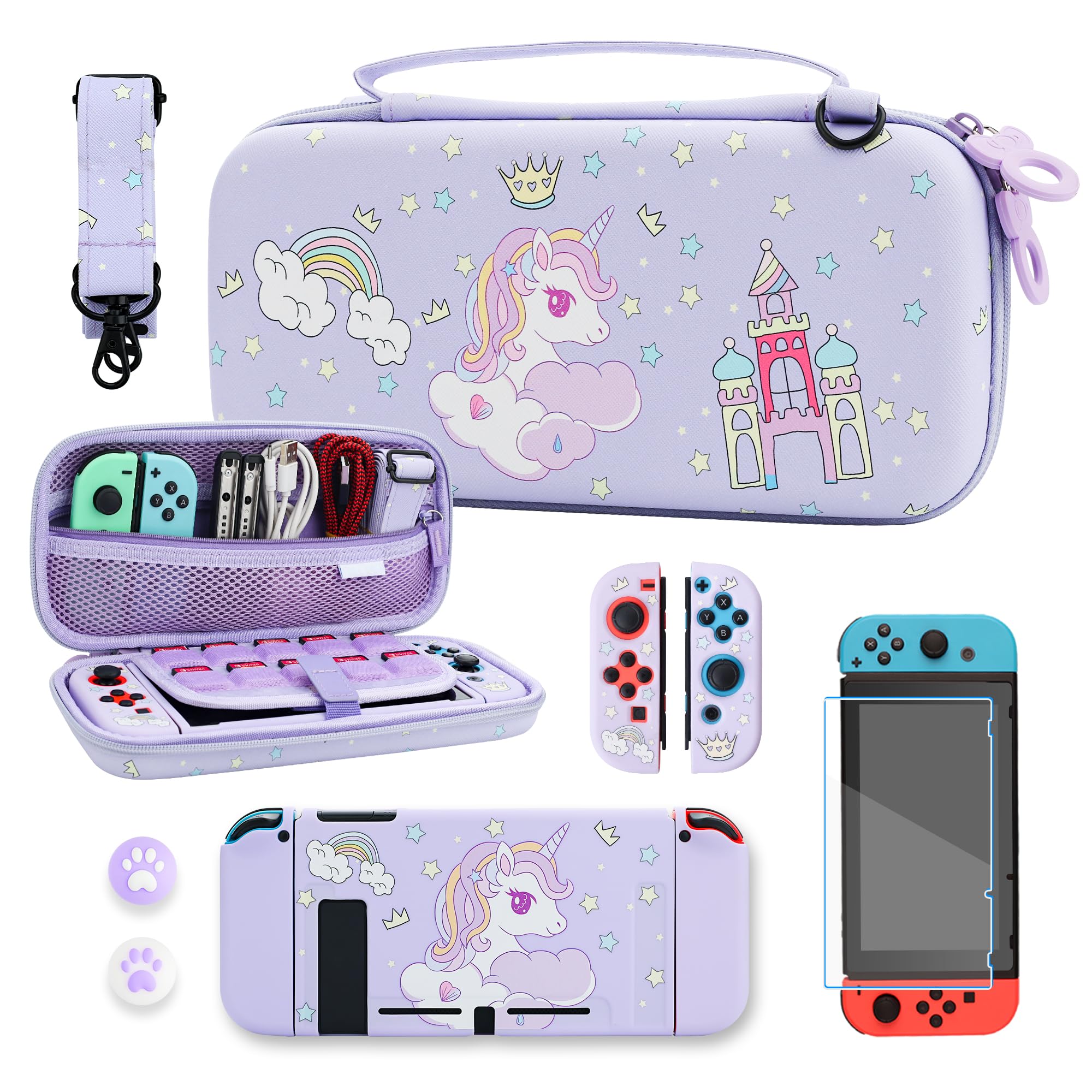 **RHOTALL Nintendo Switch Carrying Case Set - Purple Protective Storage Case with Screen Protector, Adjustable Shoulder Strap & 2 Thumb Caps - Perfect for Travel, Gaming On-The-Go & Switch Accessories Organization**