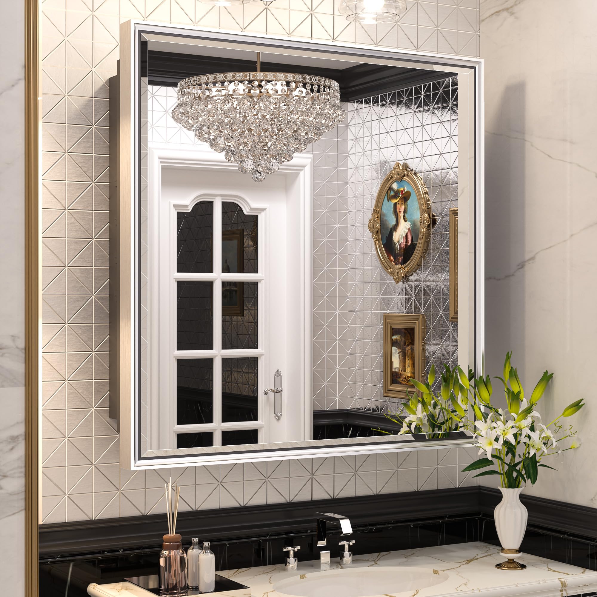 Keonjinn 29.8 x 31.9 Inch Silver Bathroom Medicine Cabinet with Mirror - Aluminum Alloy Frame, Beveled Edges, Recessed or Surface Mount - Modern Metal Medicine Cabinet for Bathroom Vanity - Perfect for Small Bathrooms, Powder Rooms & Home Decor